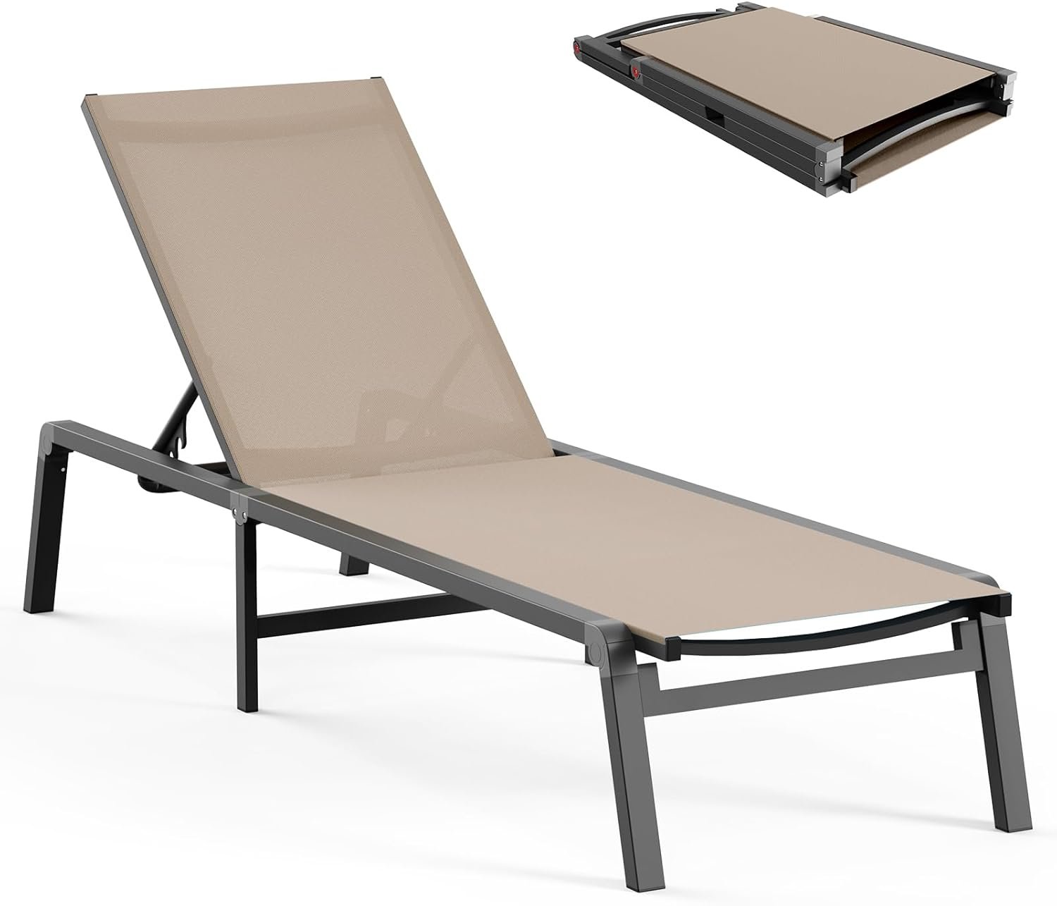 Ciokea Aluminum Chaise Lounge Ourdoor – Foldable & Assemble Free Outdoor Lounge Chair with 5 Adjustable Backrest, Patio Lounge Chair for Outside Poolside Beach Pool, Khaki