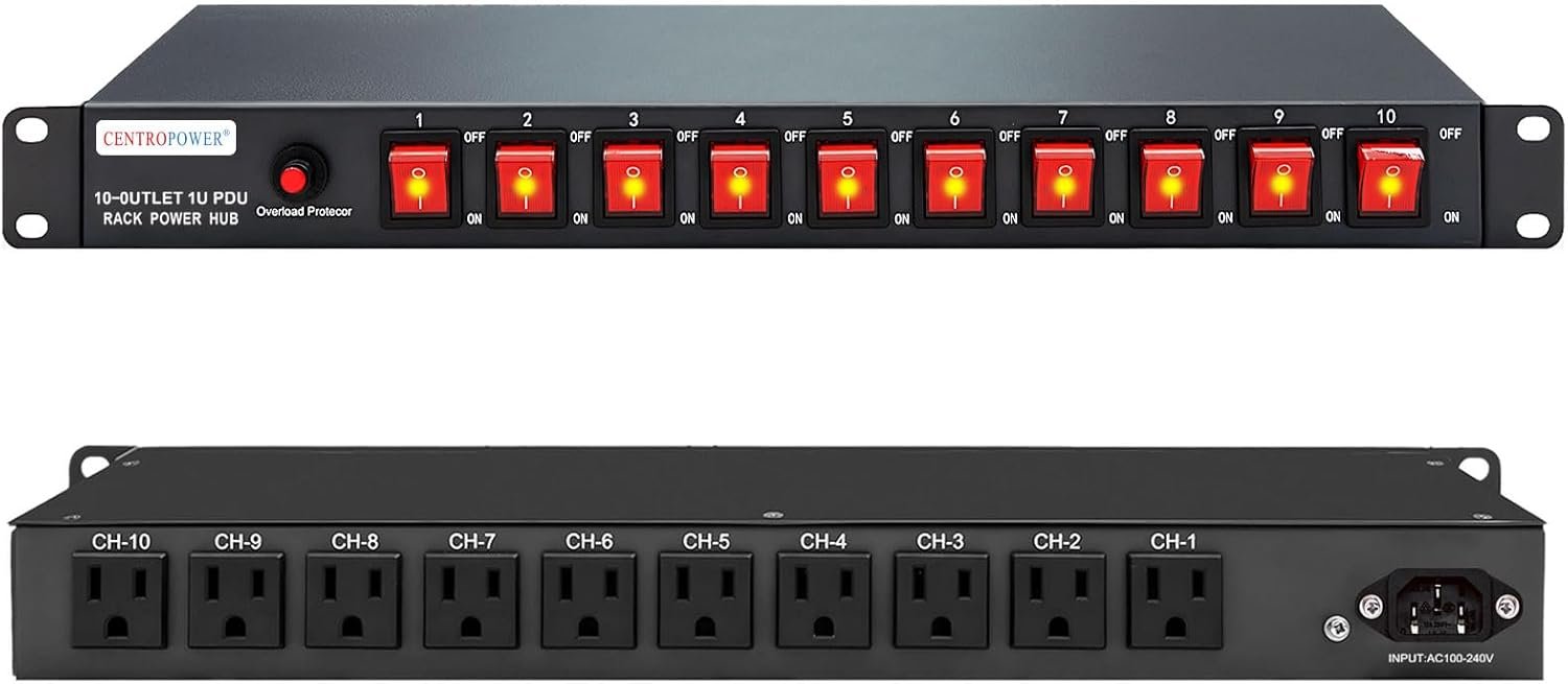 1U PDU Horizontal Rackmount Power Strip – Overload Protector | 10 NEMA 5-15R Outlet, 100V-240V/15A, 1800 Joules, 10 Independent LED Switches, 6 ft Cord