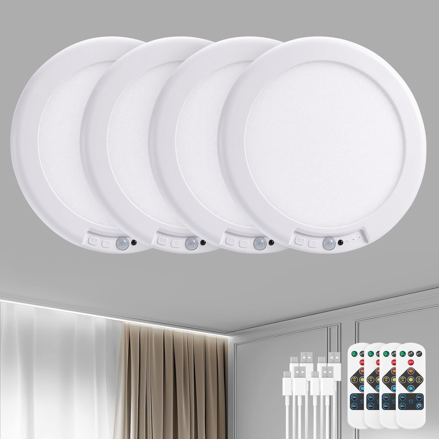 Bojim 4 Pack Rechargeable Motion Sensor Ceiling Light with Remote Wireless Magnetic LED Lights, Battery Operated Stick On Ceiling Shower Lights Renter Friendly for Closet Bedroom Hallway