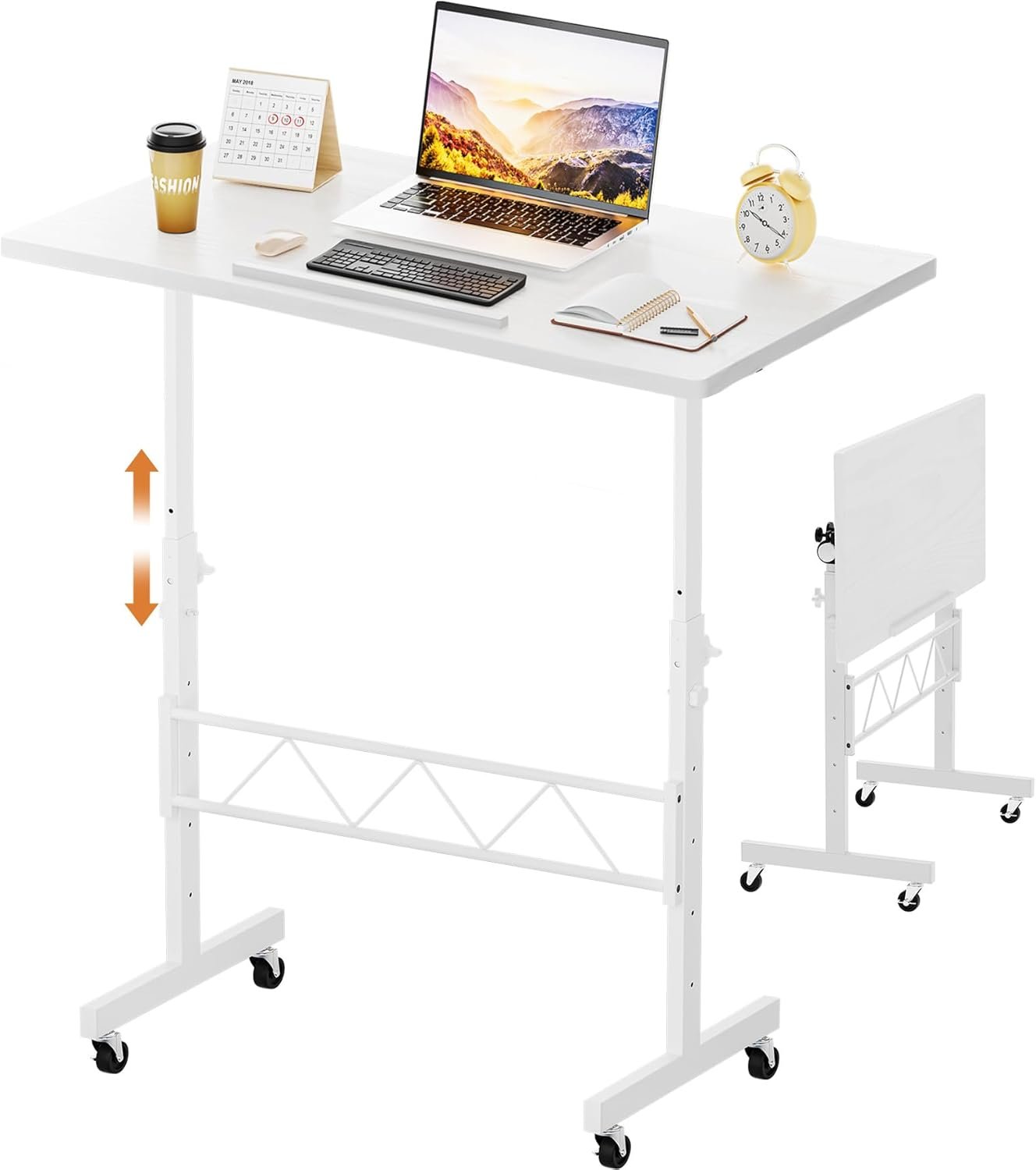 COMHOMA Standing Desk Adjustable Height & Tiltable Tabletop, Portable Stand Up Desk for Laptop, Mobile Folding Desk for Home Office Work and Walking Pad Treadmill, Height 30.7″-46.4″, White