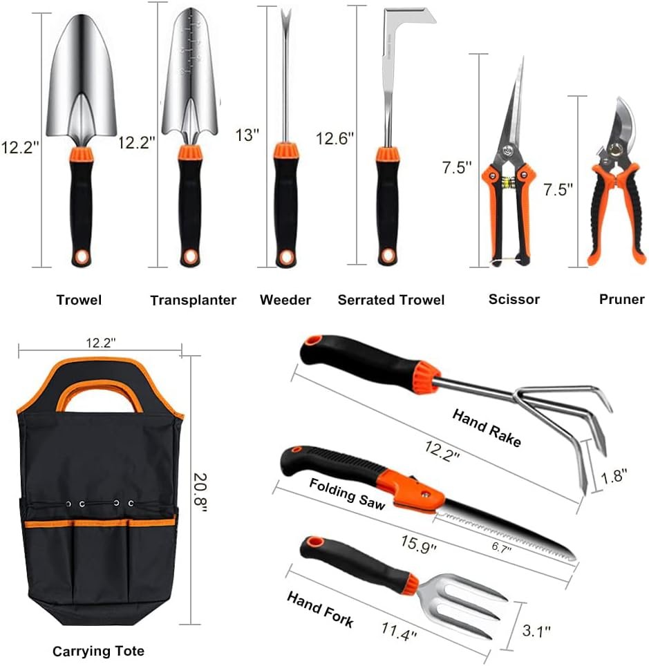 Garden Tool Set, 10 PCS Stainless Steel Heavy Duty | Soft Rubberized Non-Slip Ergonomic Handle, Storage Tote Bag, Gifts for Women and Men