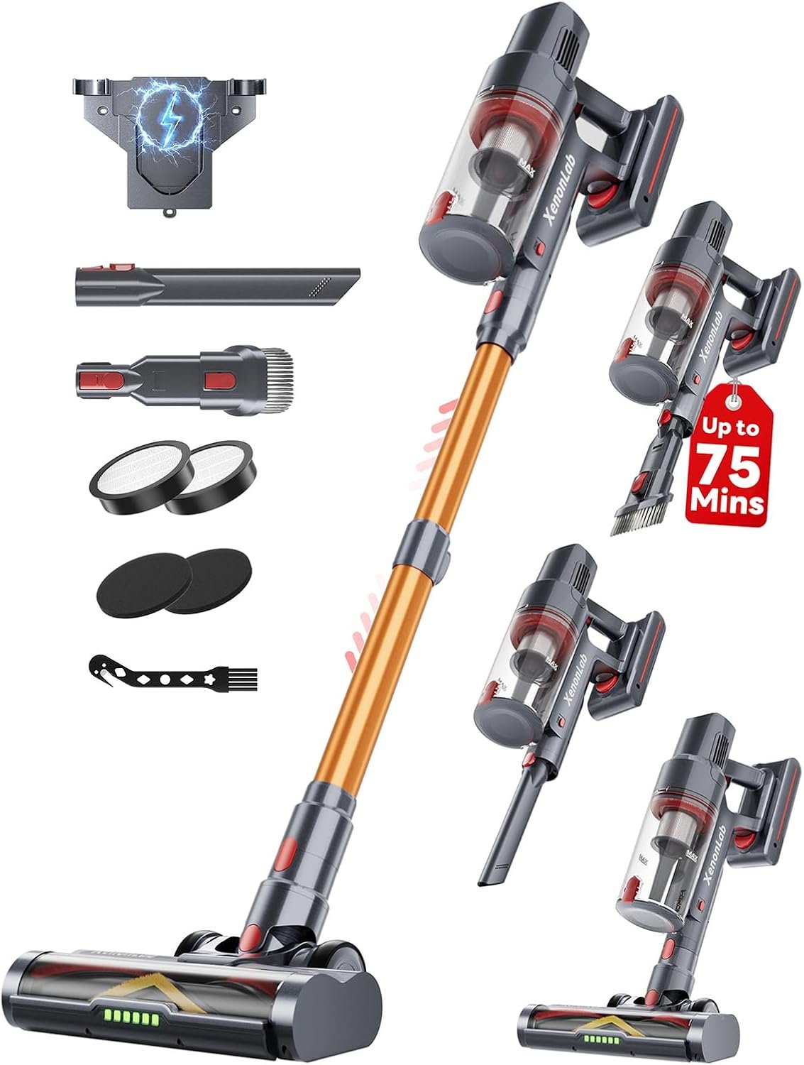 Cordless Vacuum Cleaner, 75Mins/55KPa/650W Freestanding Vacuum Cleaners for Home, with Anti-Static&Anti-Tangle Brush, LED Touch Screen, Stick Vacuum for Carpets, Pet Hair, Hardwood Floors