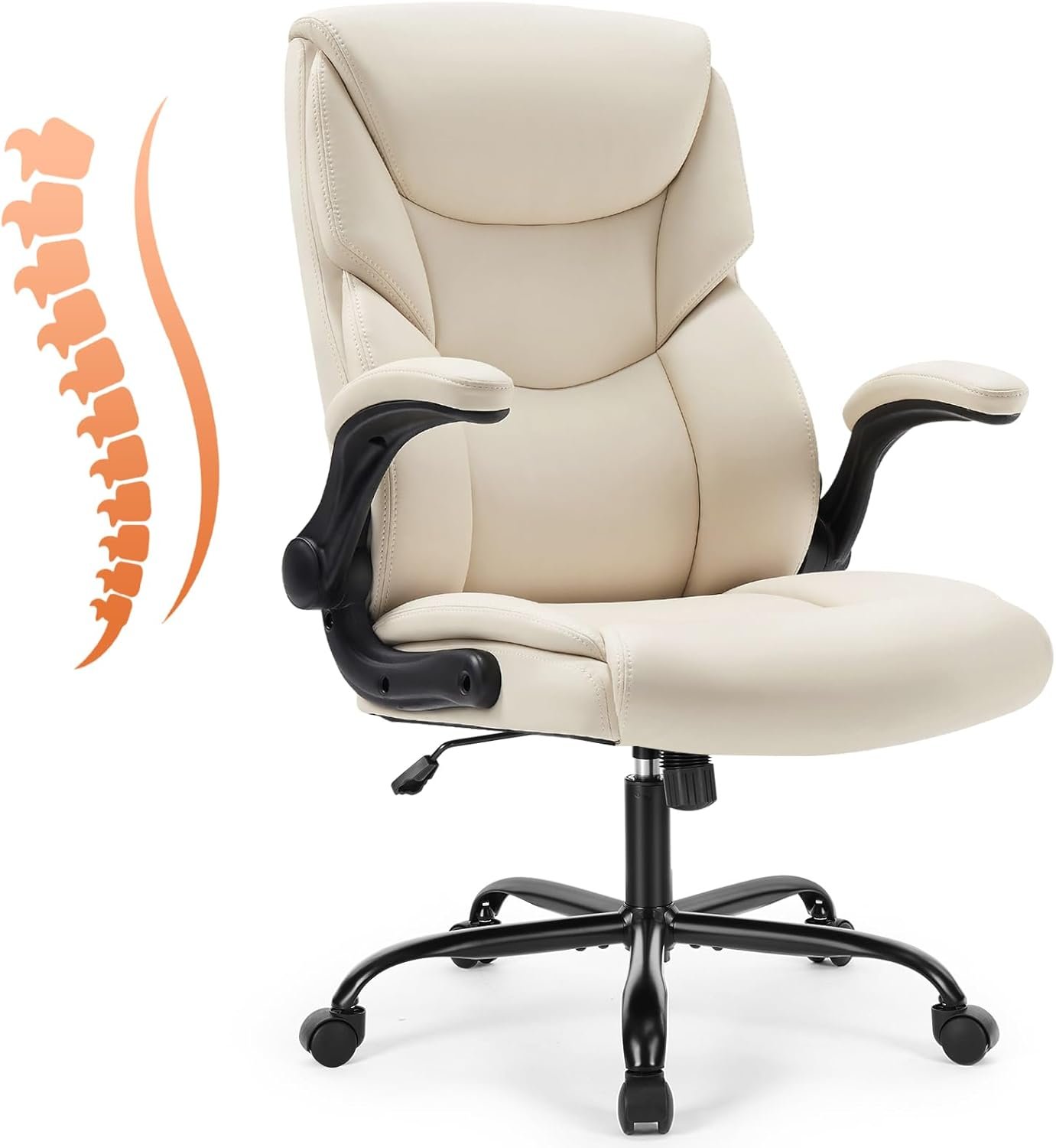 Sweetcrispy Office Executive Chair – Heavy Duty High Back Home Desk Chair with Flip-up Armrest, PU Leather, Height Adjustable & Swivel Rolling with Wheels, Beige