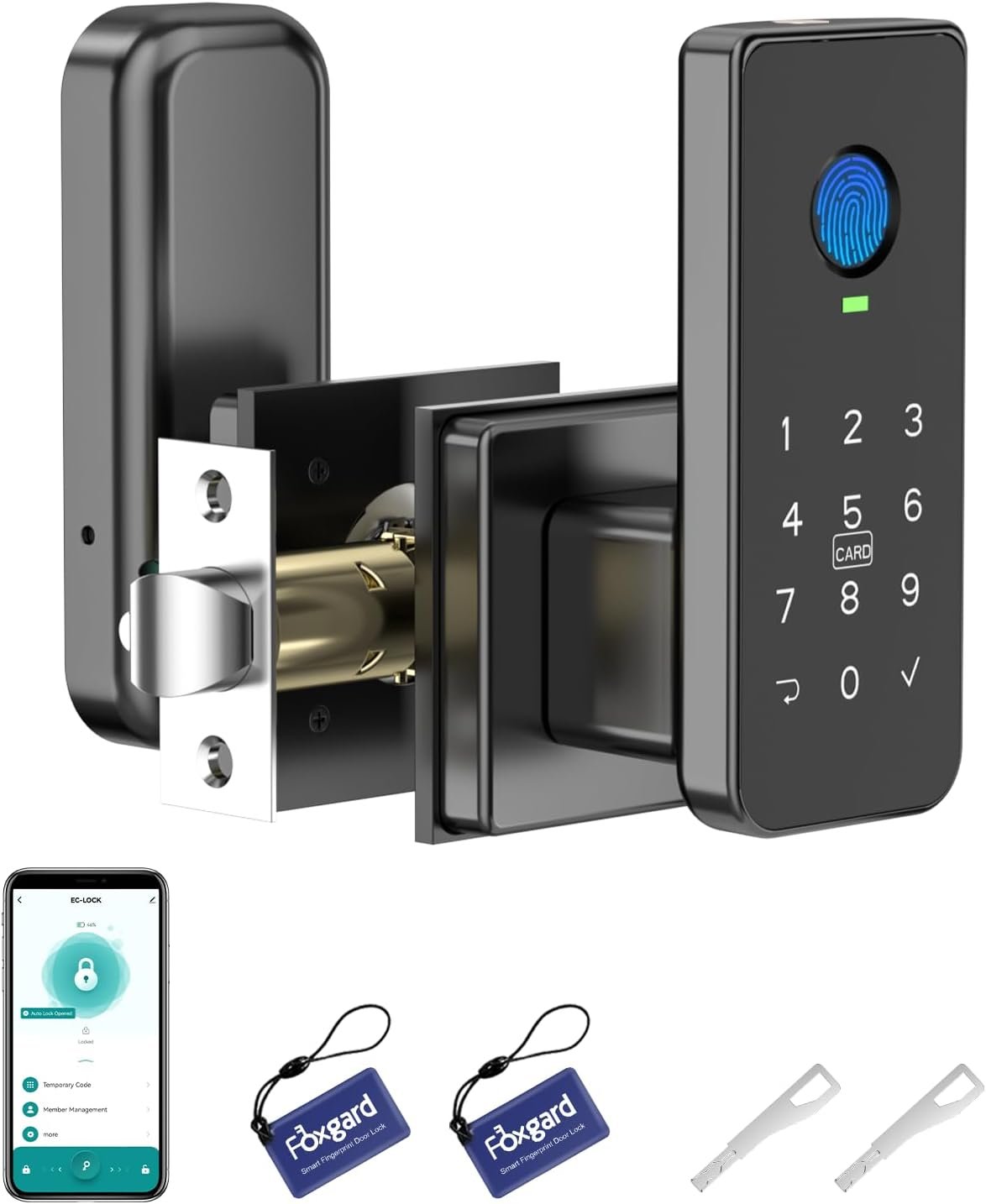 Foxgard Fingerprint Door Lock – 5-in-1 Biometric Smart Lock with Keypad, App Control, Key, Auto-Lock, Electronic Deadlock – Keyless Entry for Bedroom, Office, Indoor Use – Includes 2 IC Cards