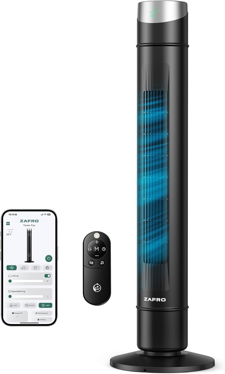 ZAFRO Smart Tower Fan for Bedroom,120° Oscillating Tower Fan,28ft/s High-Speed 12 Speeds 4 Modes,Upgraded DC 22dB Ultra Quiet,App/Voice Control,Standing Fan with 12H Timer,42Inch,Black
