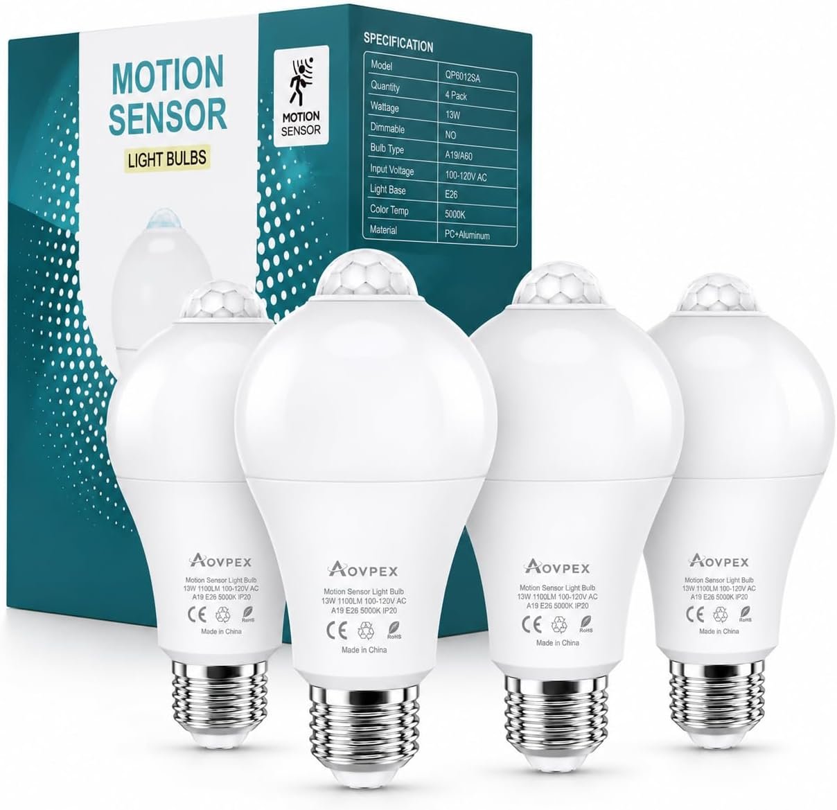 Motion Sensor Light Bulbs, 13W(100W Equivalent) Movement Activated Dusk to Dawn Sensor LED Bulb, A19 E26 5000K Cool White Security Bulbs Outdoor Indoor, for Porch Garage Basement Hallway 4 Pack