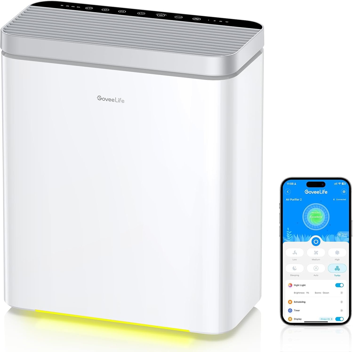 GoveeLife Smart Air Purifier for Home Large Room, Up to 1046 ft²（no sensor) | 24dB Sleep Mode, 3-in-1 Filter Air Purifier with App Alexa Control for Pet Hair, Odors, Pollen and Smoke
