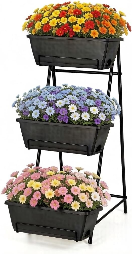 3 Tier Vertical Garden Planter Small Raised Garden Bed Freestanding Plastic Raised Planter Boxes Herb Planter Stand with Removable Tray for Indoor Outdoor Herbs Flowers Vegetables Plants Grey