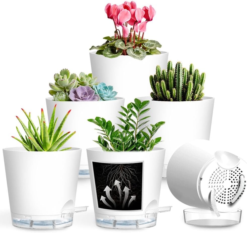 Self Watering Pots for Plants, 2026 New Flower Plant Pots with Drainage Holes, Wicking and Clear Reservoirs for Succulent, Aloe, Cacti and Others – 6 Pack (White, 6″)
