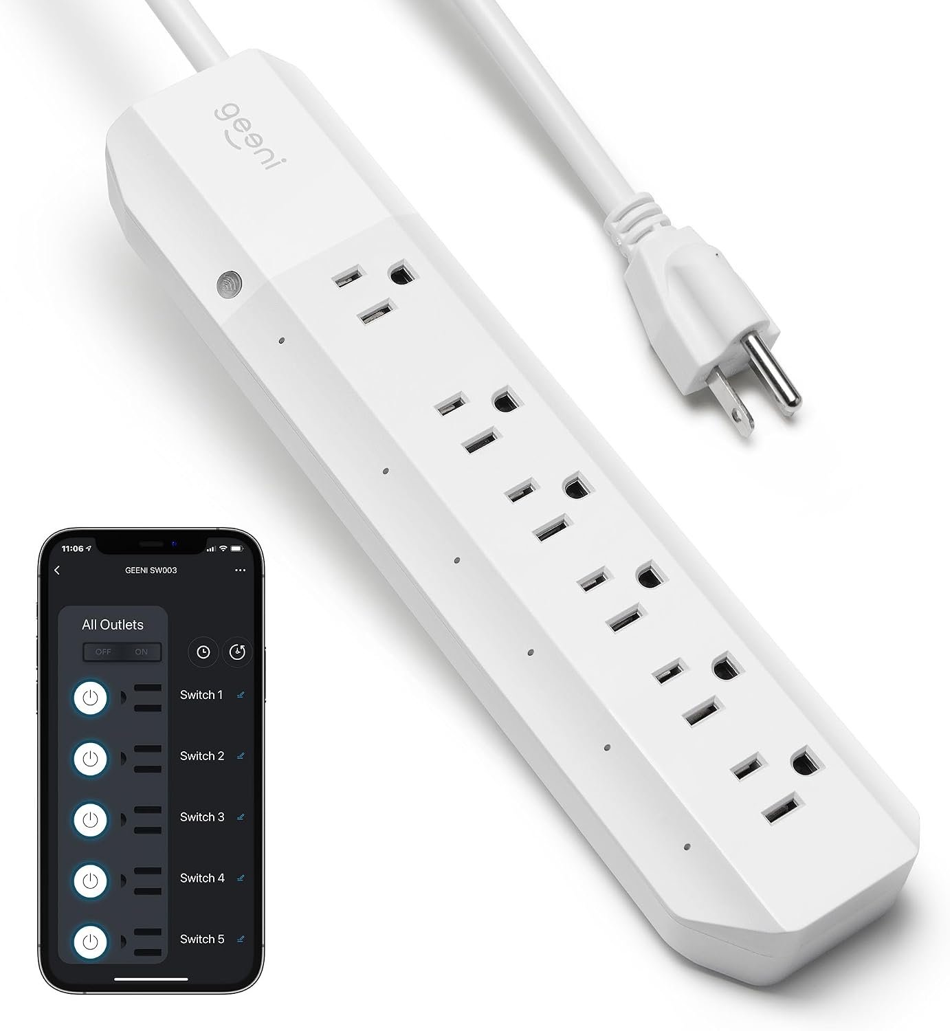 Geeni Smart Surge Protector Power Strip with 6 Wi-Fi Controlled Outlets, Real-Time Energy Monitoring, 3ft Extension Cord, App Control, Compatible with Alexa & Google Assistant, Smart Power Strip