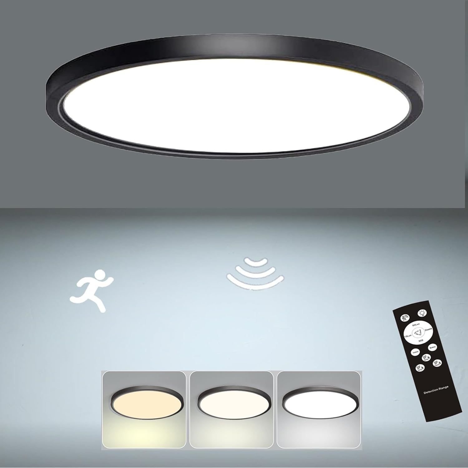 12 Inch Motion Sensor Ceiling Light, Black | Hardwired, Remote Control Dimmable, Automatic ON/Off, 3000k/4000k/6000k, Round