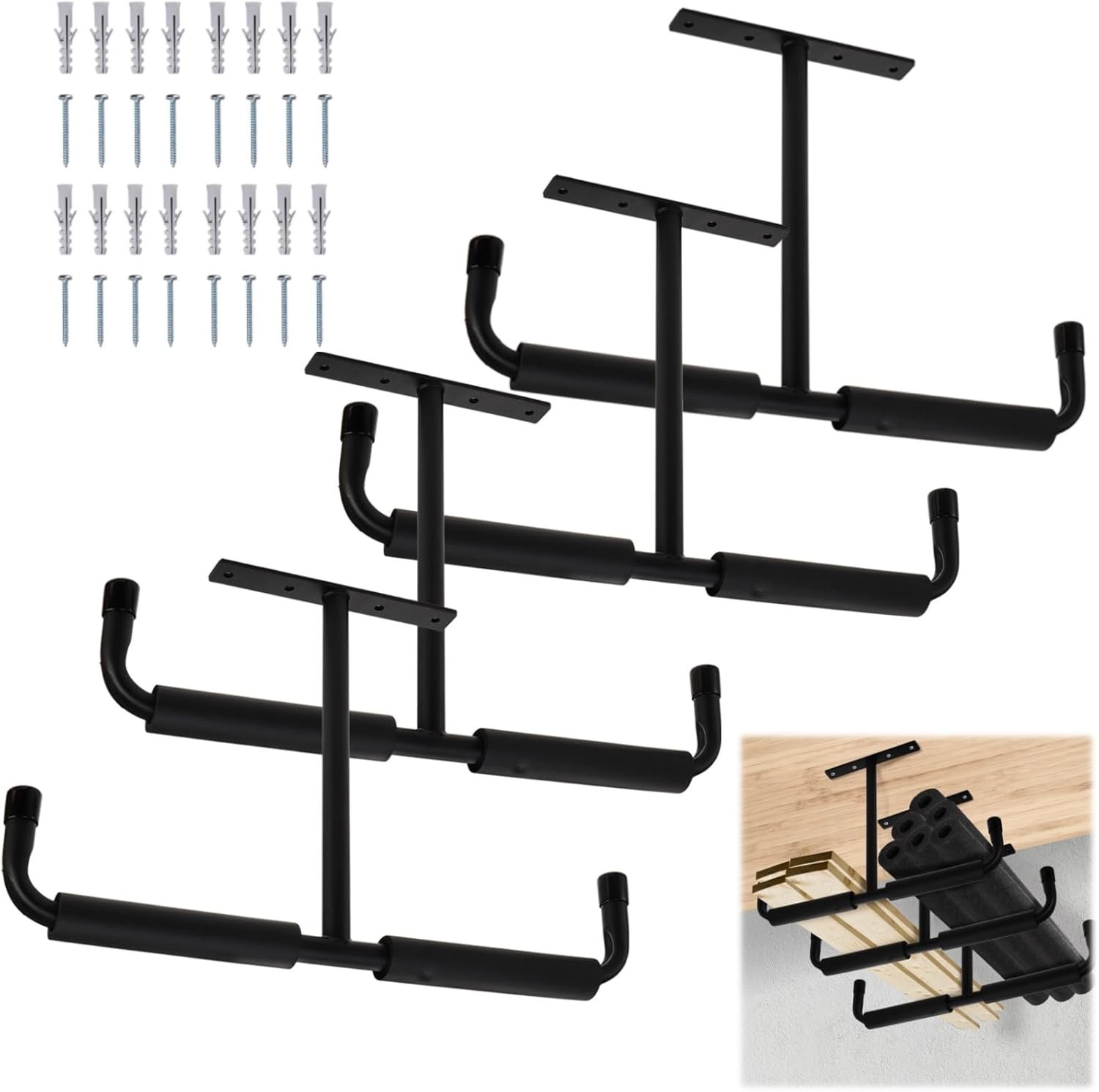 Tlence 4 Pack Overhead Garage Storage Hooks, 16.5″ Heavy Duty Ceiling Mount Hangers, Double T-Bar Metal Ladder Ceiling Racks, Hanging for Bike, Pipe Lumber, Fishing Rod, Sports Equipment