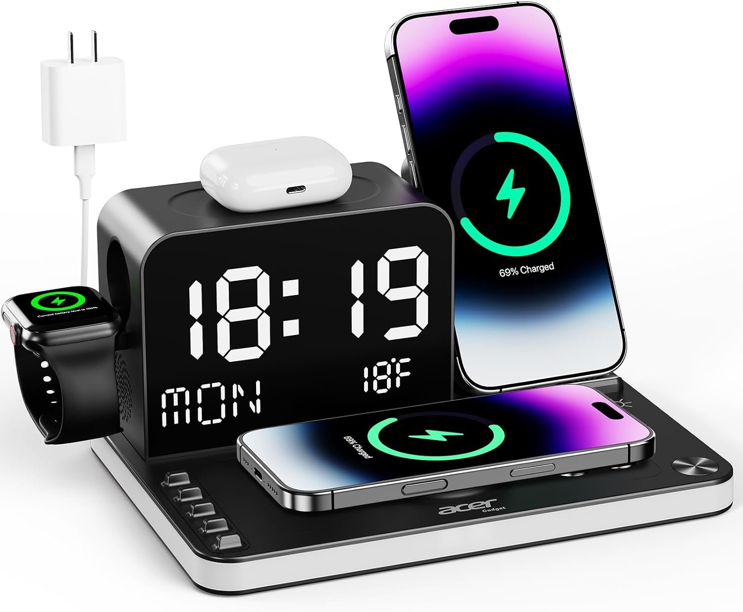 Acer Gadget 7-in-1 Wireless Charging Station Charger Stand for Multiple Devices for Apple – iPhone 17 16 15 14 13 12 Pro Max Apple Watch Airpods, Wireless iPhone Charger Station with Bluetooth TimeSyn