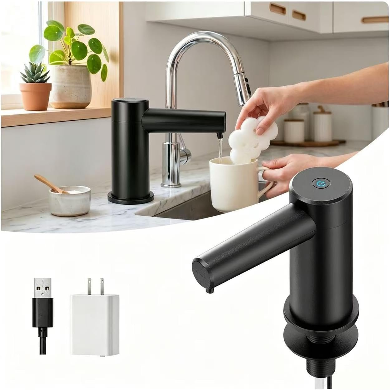 Automatic Touchless Dish Soap Dispenser for Kitchen Sink, Two Adjustable Dispensing Sink Soap Pumps, 38″ Tube, Leak-Proof Plug-in, Built-in Fit for Bathroom Commercial (Black)