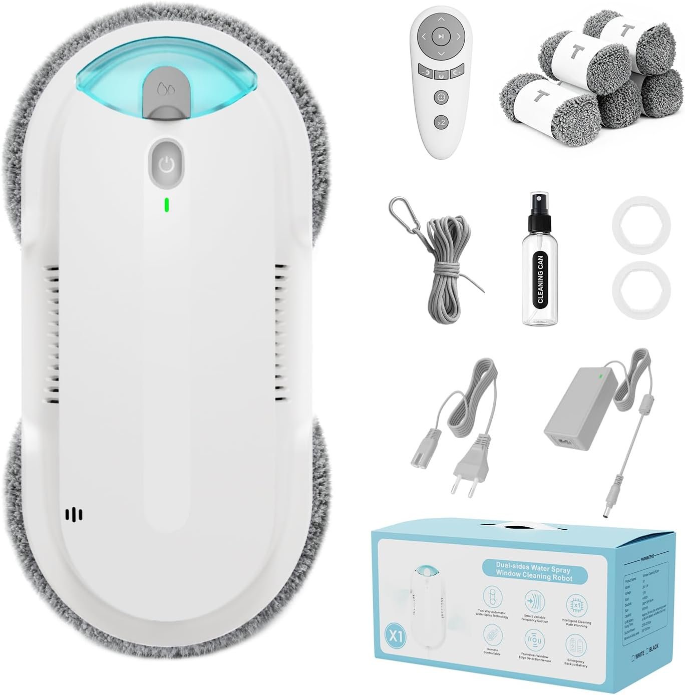 Window Cleaning Robot – Double Helix 4800-6400Pa Suction, Dual Ultrasonic Spray, 85ml Tank, Edge Detection, Anti-Drop, 3 Cleaning Modes for Streak-Free Glas (White)