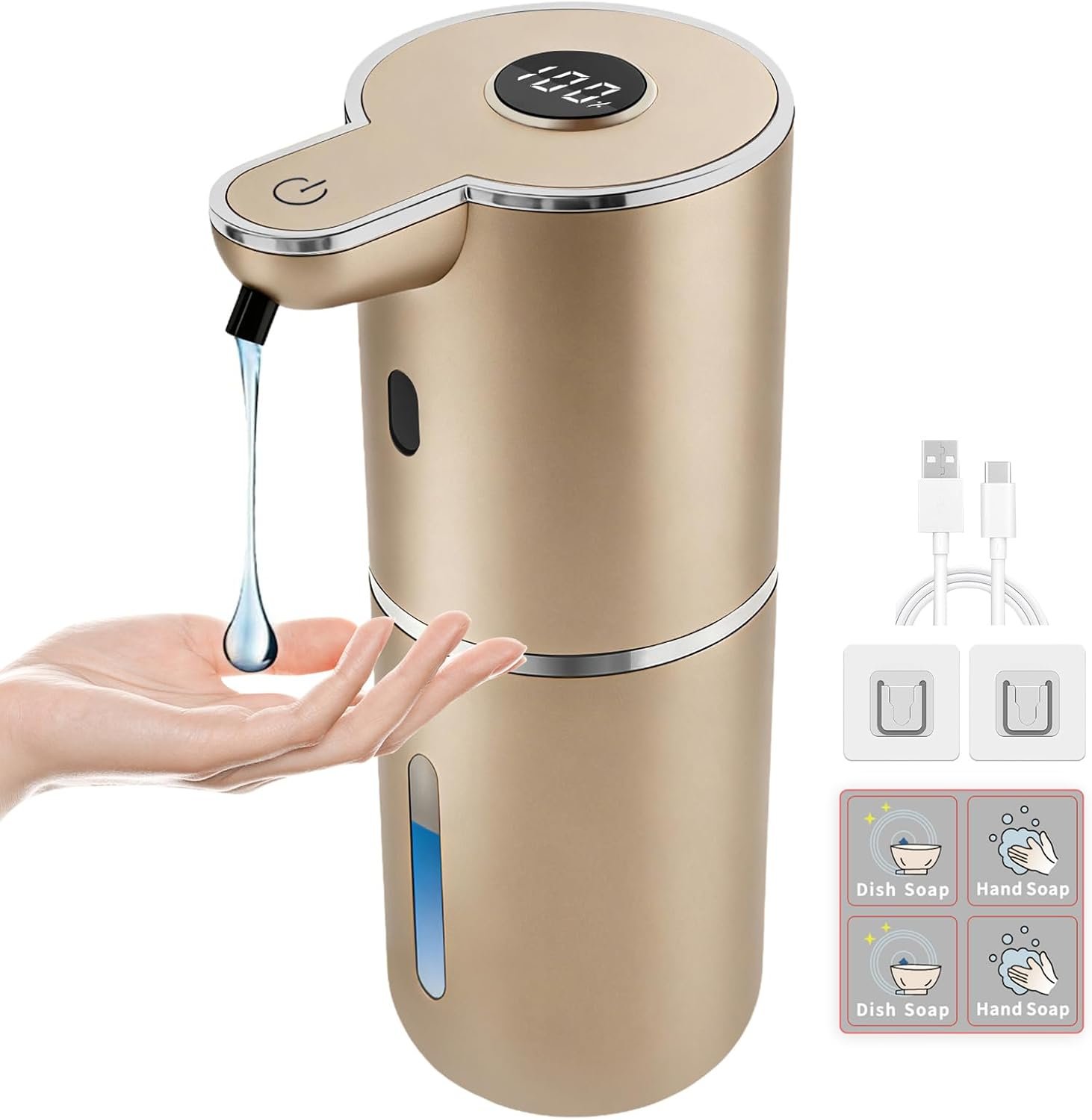 Automatic Soap Dispenser, Touchless Liquid Soap Dispensers, USB Rechargeable, 6-Level Adjustable Volume Control, 12.8oz/380ml, Wall Mount for Kitchen, Bathroom, Free Stickers (Gold)