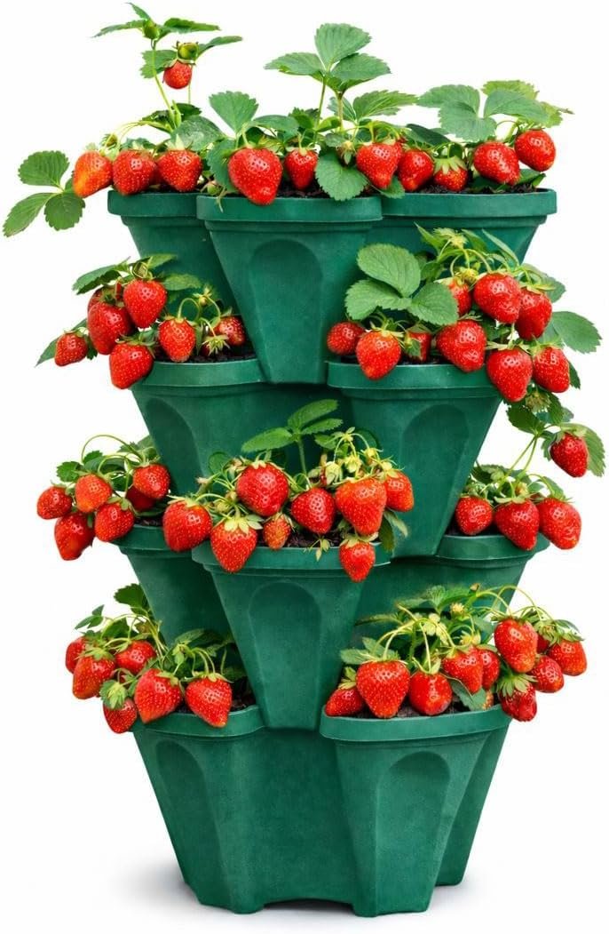 Strawberry Planter Tower, 4 Tier Stackable Vertical Planter, 16 Plant Sites, Space Saving Garden Planter, Indoor Outdoor, Made in USA (Deep Forest, Small)