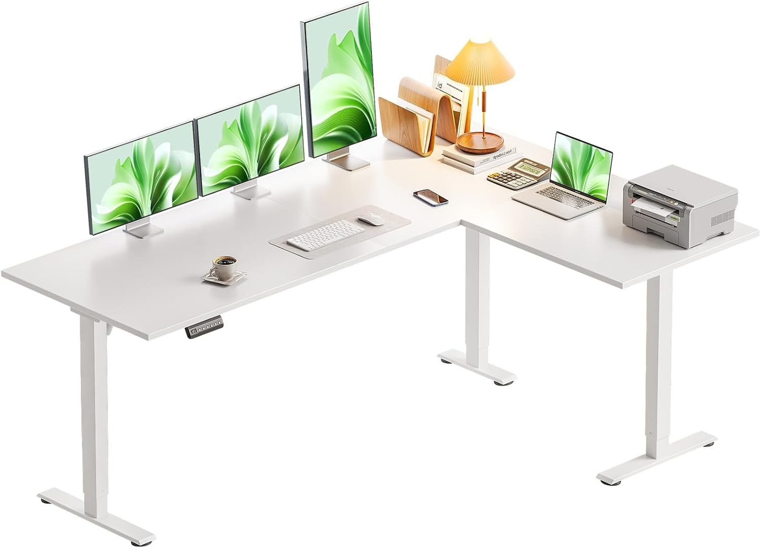 Casaottima 63 Inch Electric L-Shaped Standing Desk, Reversible Corner Desk with Height Adjustment, Large Ergonomic Workstation for Home Office, Reception Room, White
