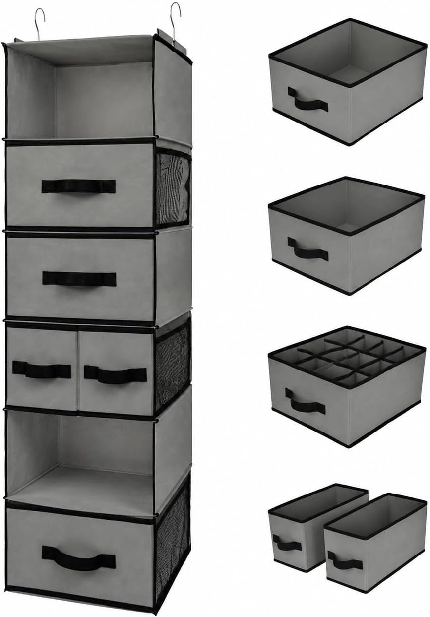 GRANNY SAYS Hanging Closet Organizer 6 Shelves, Closet Organizers and Storage with 5 Drawers, 6 Side Pockets Closet Hanging Organizer, Hanging Storage Organizer for Closet, Baby Clothes, Gray