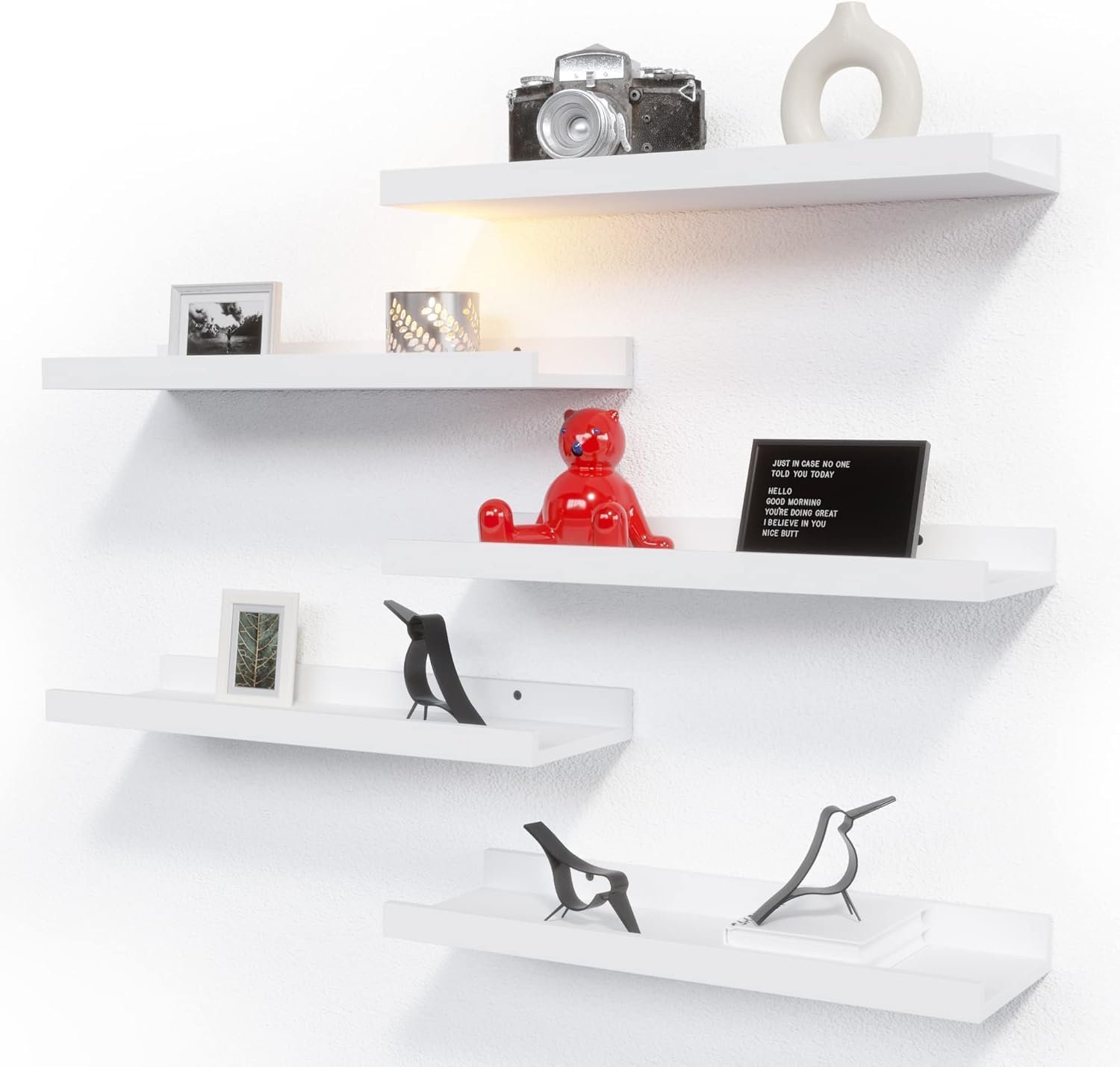 RICHER HOUSE 5 Set White Floating Shelves, Wall Mounted Shelves for Wall Decor, Modern Picture Ledge Shelf with Lip for Storage Nursery, Bedroom, Living Room, Bathroom – White