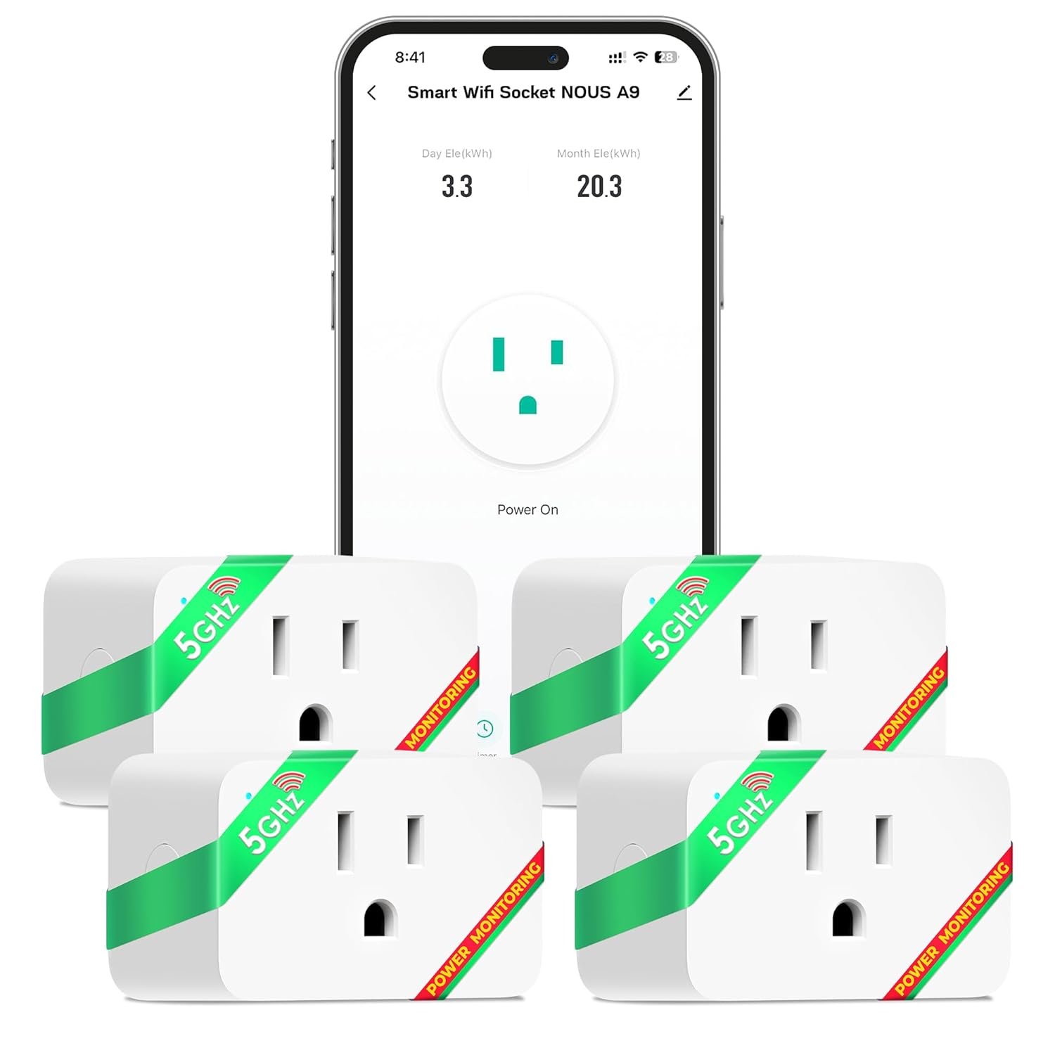 NOUS Wi-Fi Smart Plug 15A, Dual-Band 2.4GHz & 5GHz, Energy Monitoring, Compatible with Alexa, Google Home, Tuya Smart App, Remote Control, Timer, Compact Design, Smart Outlet, 4 Pack