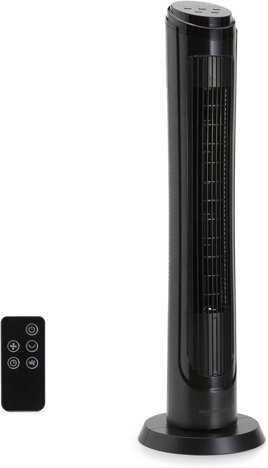 Amazon Basics 40″ 70-Degree Oscillating Digital Tower Fan with Powerful Airflow for Bedroom, Living Room, Office, 4 Speeds, 3 Modes, 15-Hour Timer, Remote Control, 50W, Black