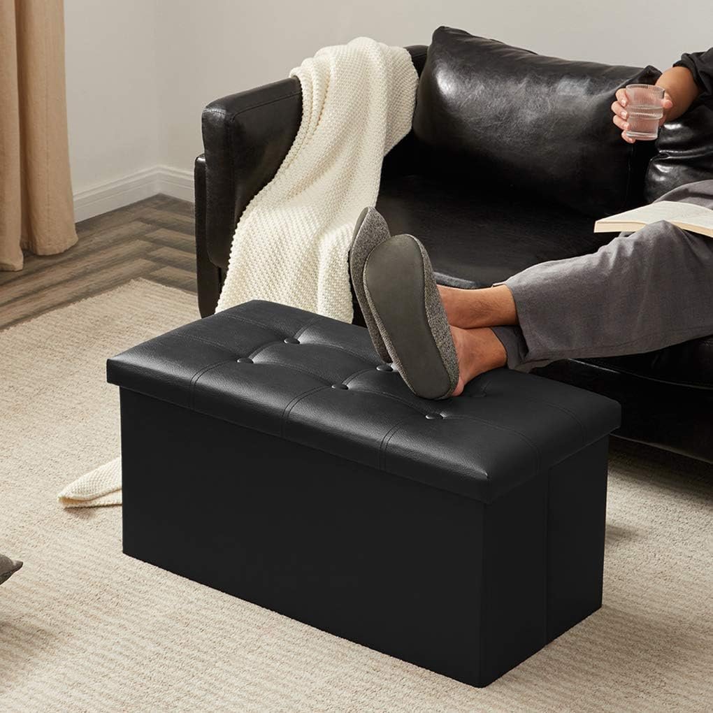 YOUDENOVA Folding Storage Ottoman, Faux Leather Ottoman Bench Footrest Ottoman, Storage Chest Padded Seat for Bedroom and Living Room, Black, 15″ D x 30″ W x 15″ H