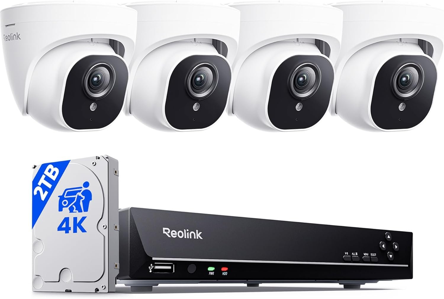 REOLINK 8CH 4K/8MP Security Dome Camera System with 2TB HDD RLK8-800D4 | 4pcs H.265 PoE Wired Turret Cameras with Person Vehicle Detection, 8CH NVR for 24-7 Recording High Bitrate & Clear Stream