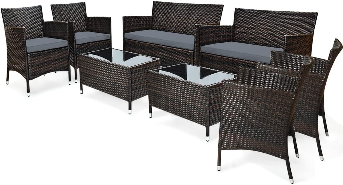 COSTWAY 8PCS Rattan Patio Furniture Set | Outdoor Wicker Rattan Chairs with Coffee Table, Rattan Cushioned Conversation Set for Backyard Balcony Poolside, Grey