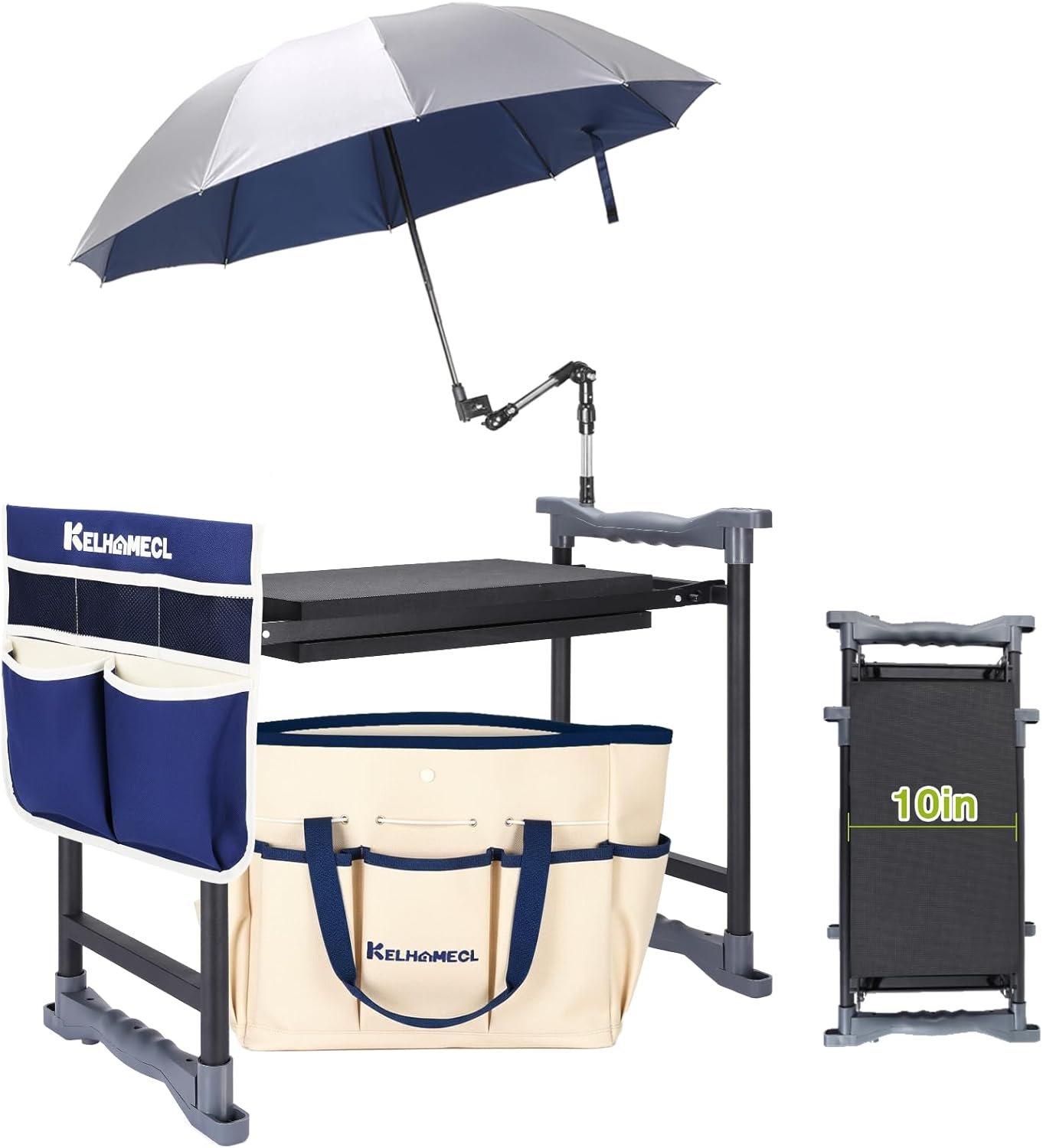 Garden Kneeler and Seat with Umbrella, 2-in-1 Foldable Gardening Stool with Adjustable Bracket, Detachable Tool Bags, Heavy Duty Kneeling Pad for Gardening (Beige Blue)