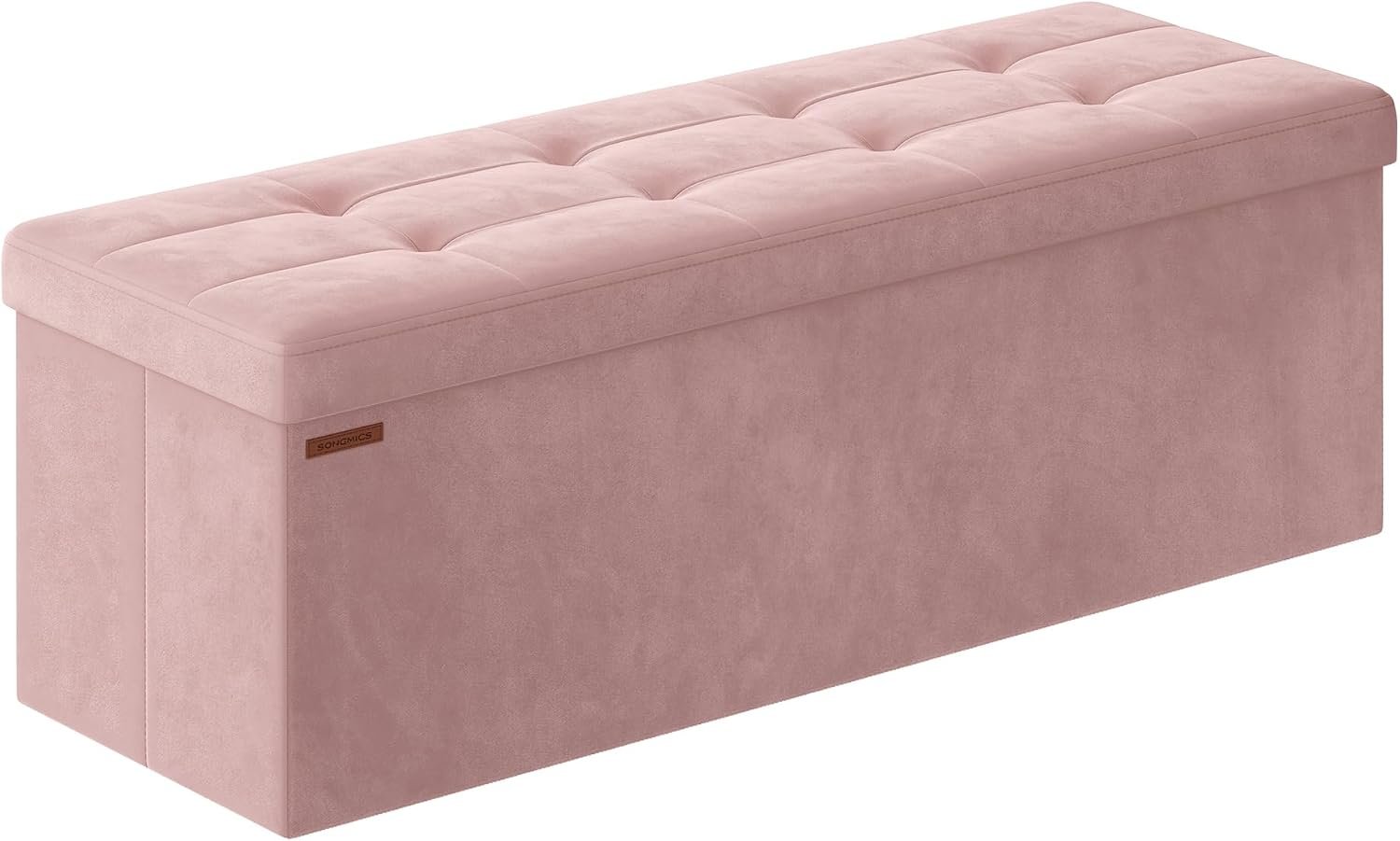 SONGMICS Mazie Collection – Storage Ottoman Bench, Foldable Foot Rest, 15 x 43 x 15 Inches, End of Bed Bench, Storage Chest, Load 660 lb, Living Room, Bedroom, Entryway, Jelly Pink ULSF277R01