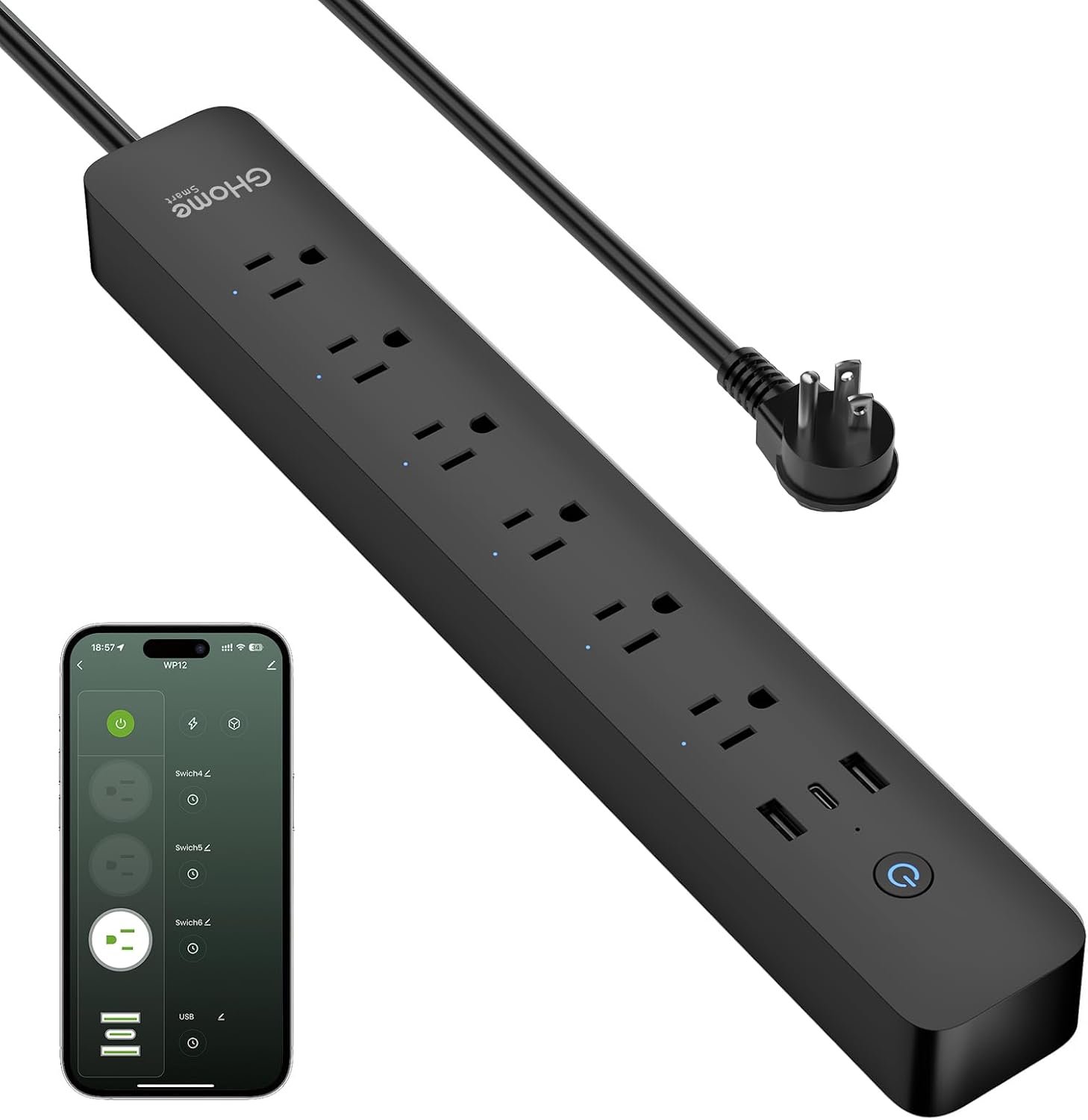 GHome Smart Power Strip 15A, 2.4G WiFi Smart Plugs That Work with Alexa & Google Home, Surge Protector Flat Plug with 6 APP Control WiFi Outlets, FCC Listed, 7.18 Ft Flat Extension Cord, No Hub Needed