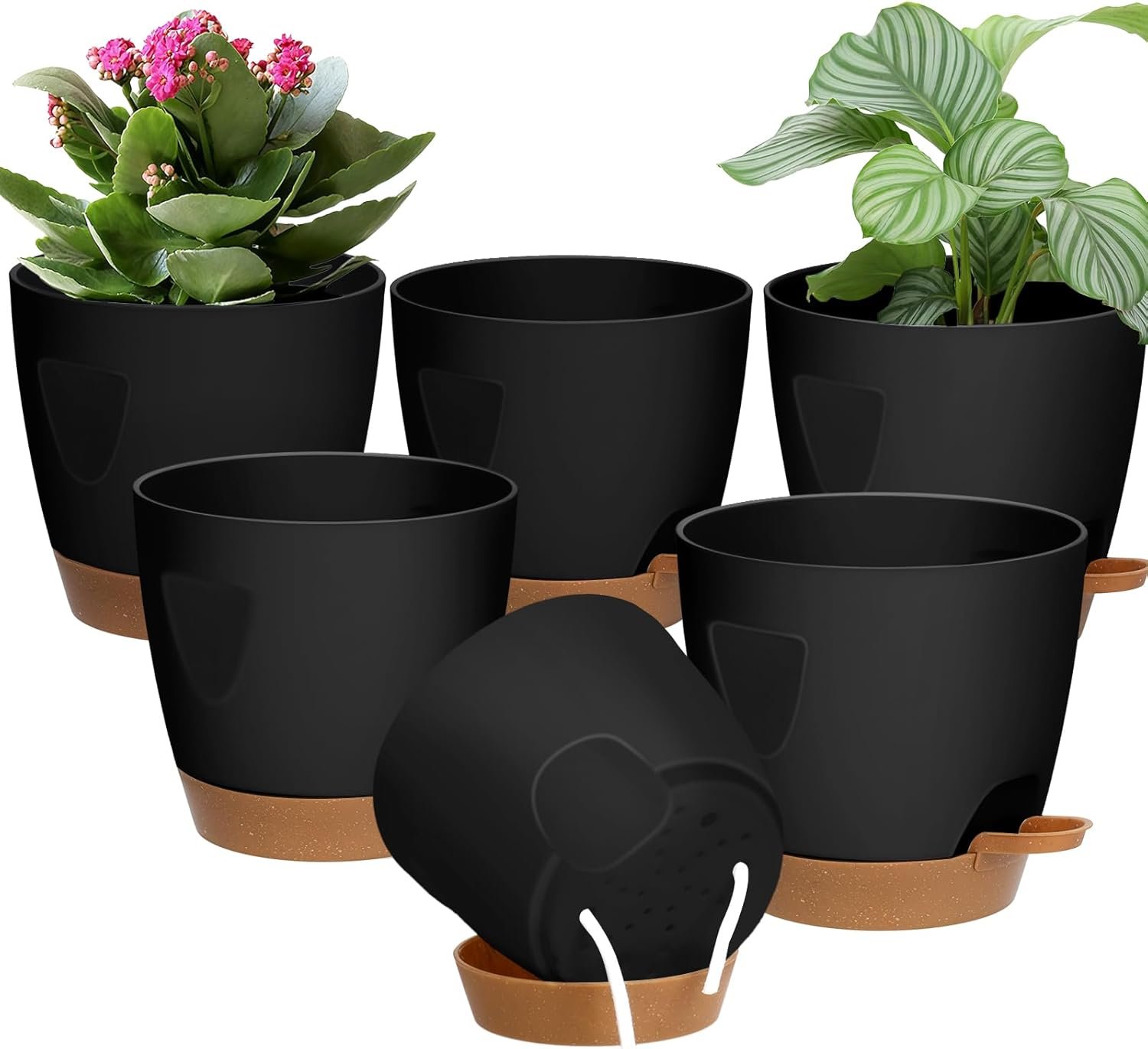 5-Pack Plant Pots with Drainage 7/6.5/6/5.5/5 Inch Self Watering Pots for Indoor Outdoor Plants, Plastic Flower Pots with Drainage Holes and Removable Saucers, Plant Pots with Wicking Rope (Black)