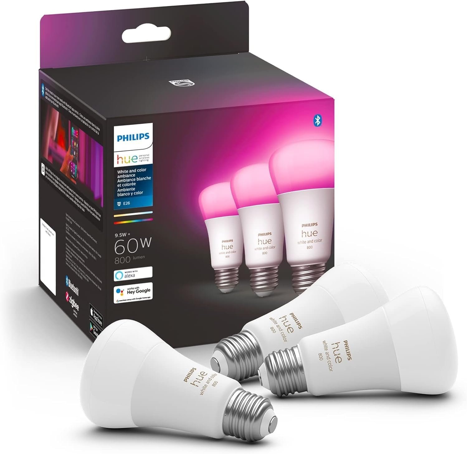 Philips Hue A19 LED Smart Light Bulb 3-Pack – White and Color Ambiance – 60W Indoor Light Bulb – Control with Hue App – Works with Alexa, Google Assistant and Apple Homekit