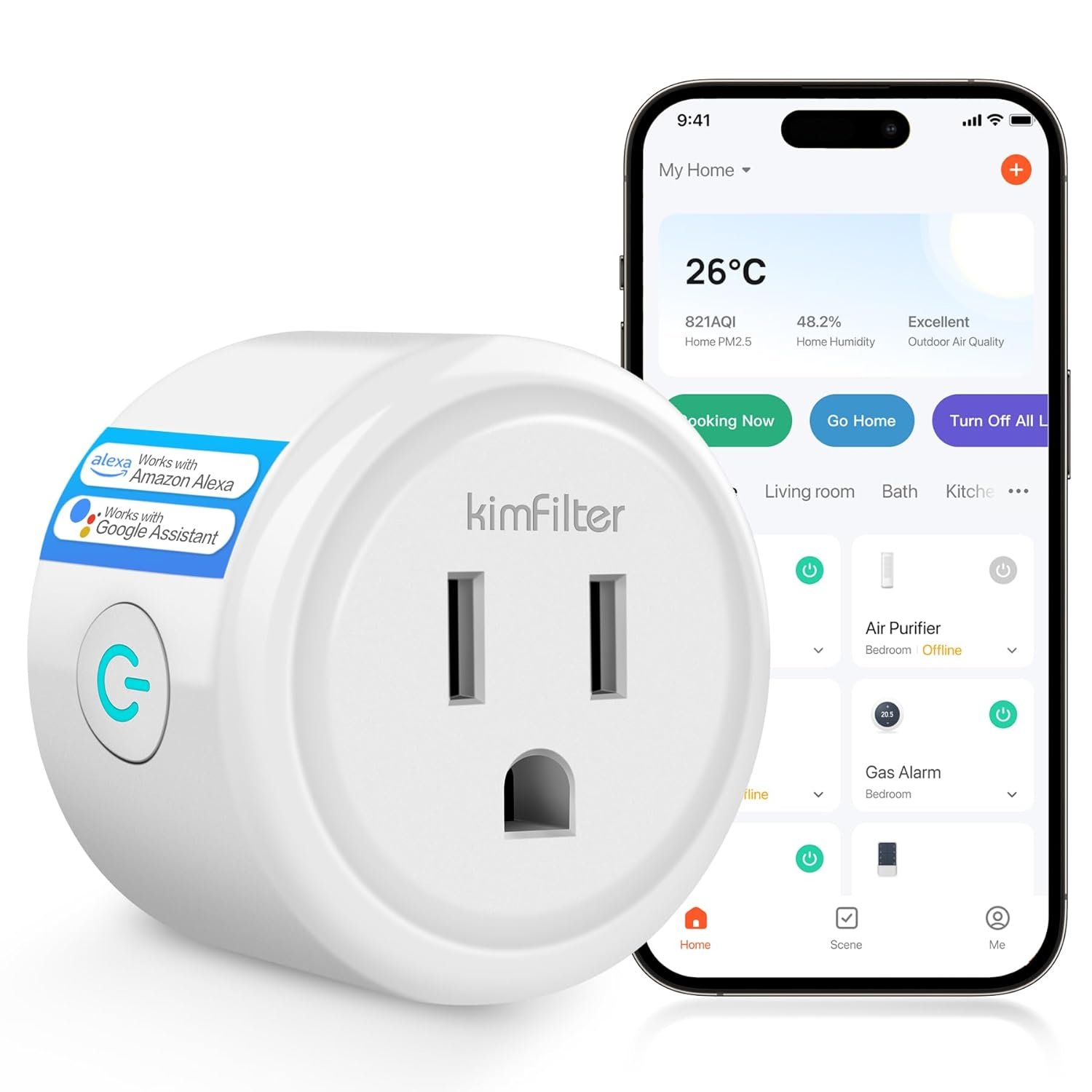 KimFilter WiFi Smart Plug, Wireless Plugs Outlet Compatible with Alexa & Google Voice Assistant, App Controlled Outlet with Timer Function, 2.4GHz Only Wi-Fi Smart Socket, Smart Plug Timer for Home
