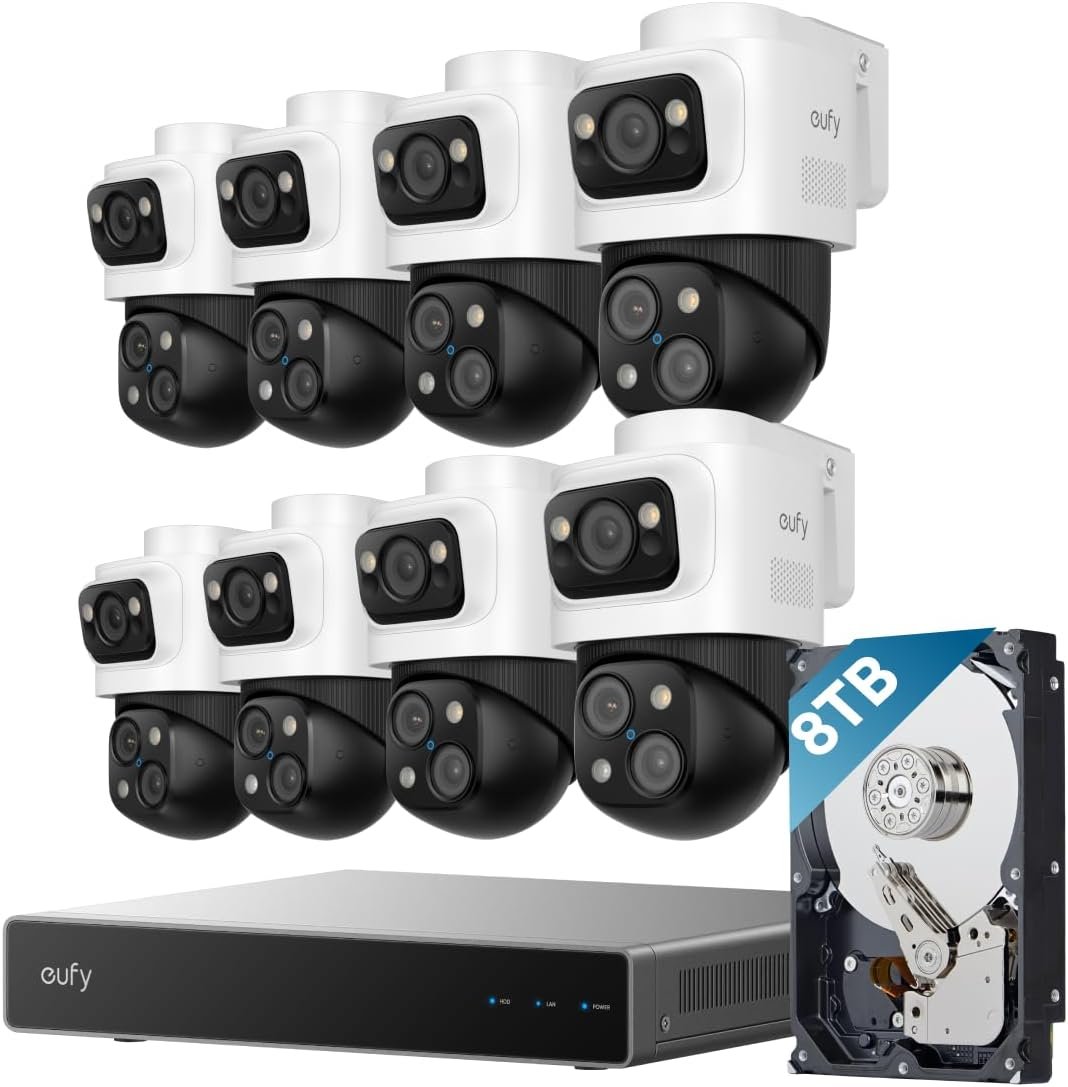 eufy Security 4K NVR Security Camera System S4 Max, 8 Triple Lens Cam with 8TB HDD, PoE Wired, 24/7 Recording, 360° Pan&Tilt, Up to 16CH, Cross-Cam Tracking, 8× Auto Zoom, Smart Video Search