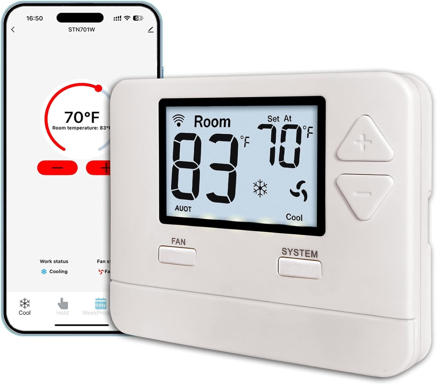 Heagstat WiFi Thermostat for Home 1 Heat/1 Cool 24V Conventional System, APP Remote Control, 7-Day Programmable, C-Wire Required