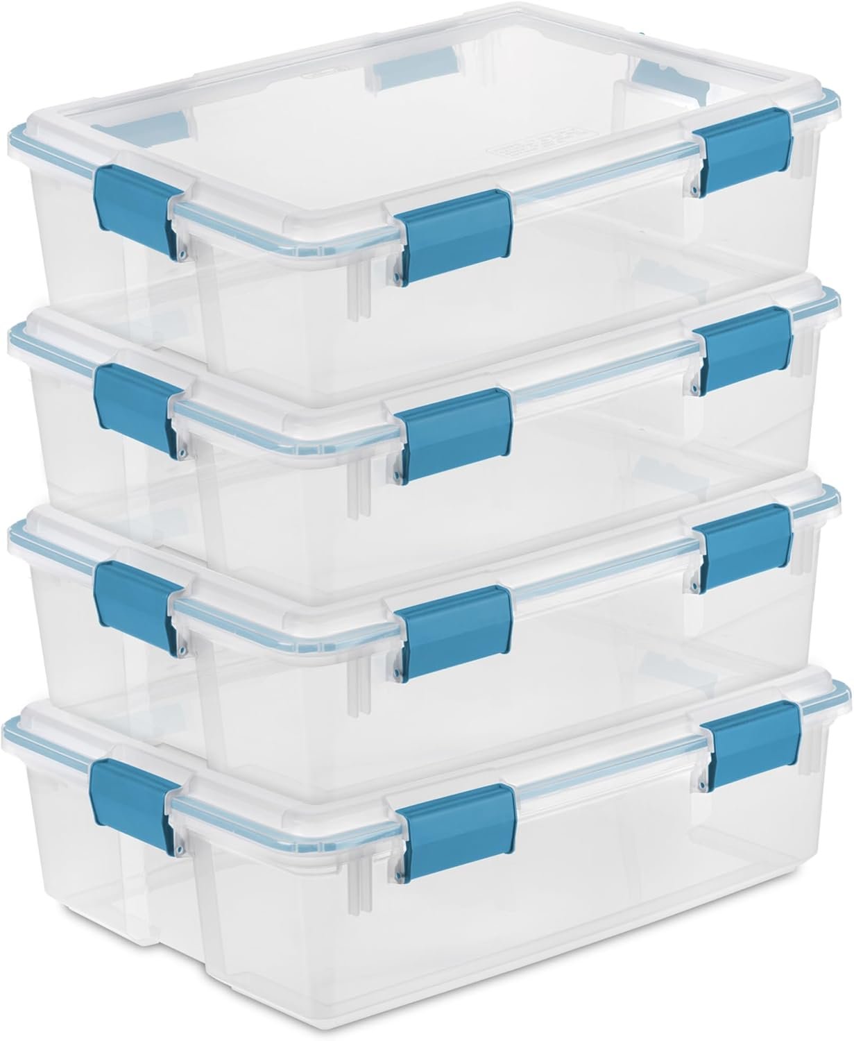 Sterilite 4-Pack Gasket Box, Home Storage Organizer Bins with Lids, 37 Quart – Stackable Clear Plastic Containers for Bedroom, Bathroom, Garage, Basement, or Attic