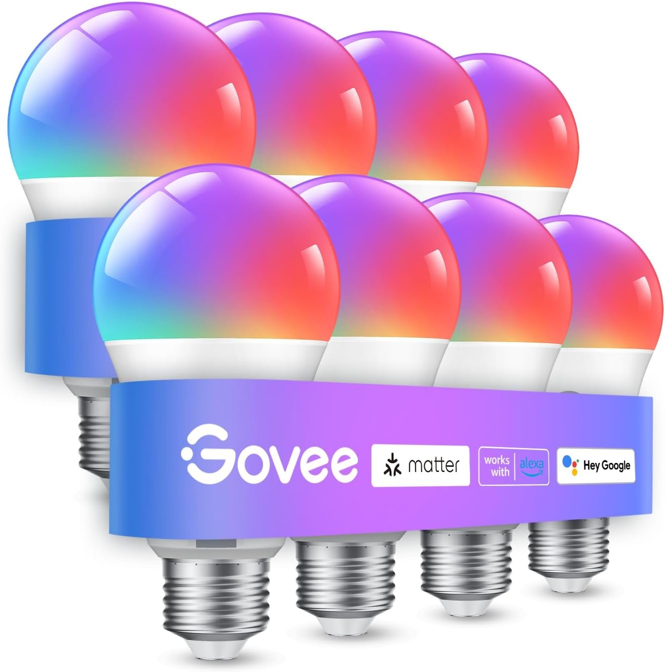 Govee Smart Light Bulbs, WiFi Bluetooth Color Changing Bulbs, Music Sync, 54 Dynamic Scenes, 16 Million DIY Colors RGB Light Bulbs, Work with Matter, Alexa & Google Assistant, 800 Lumen, 8 Pack