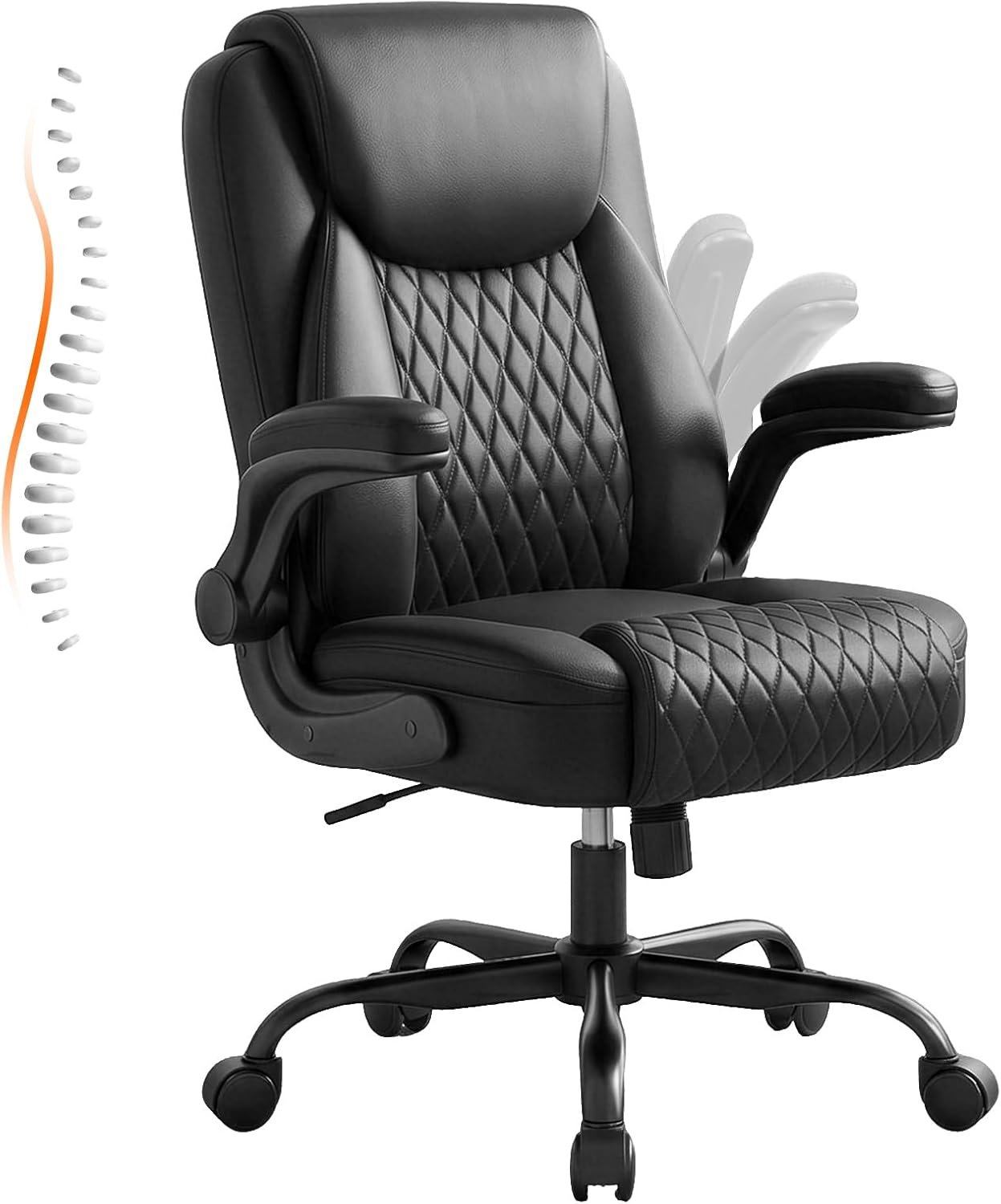 GTPLAYER Leather Office Chair, Home Desk Chair with Flip-up Arms and Ergonomic Back – Comfy Heavy Duty Executive Chair for Home Office Gaming, Black