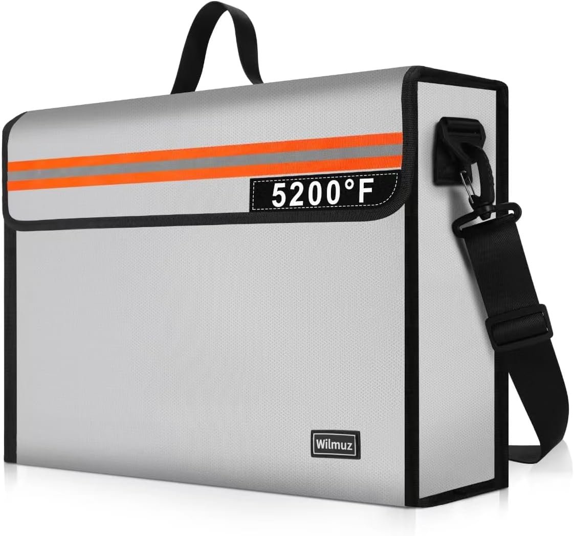 Fire Proof File Box for Documents with Shoulder Strap 5200℉ Insulated,14.9″x11.8″x4.7″Fireproof Document Bag with Reflective Strip,Fireproof Box for Money,Valuables,Jewelry(Silver)