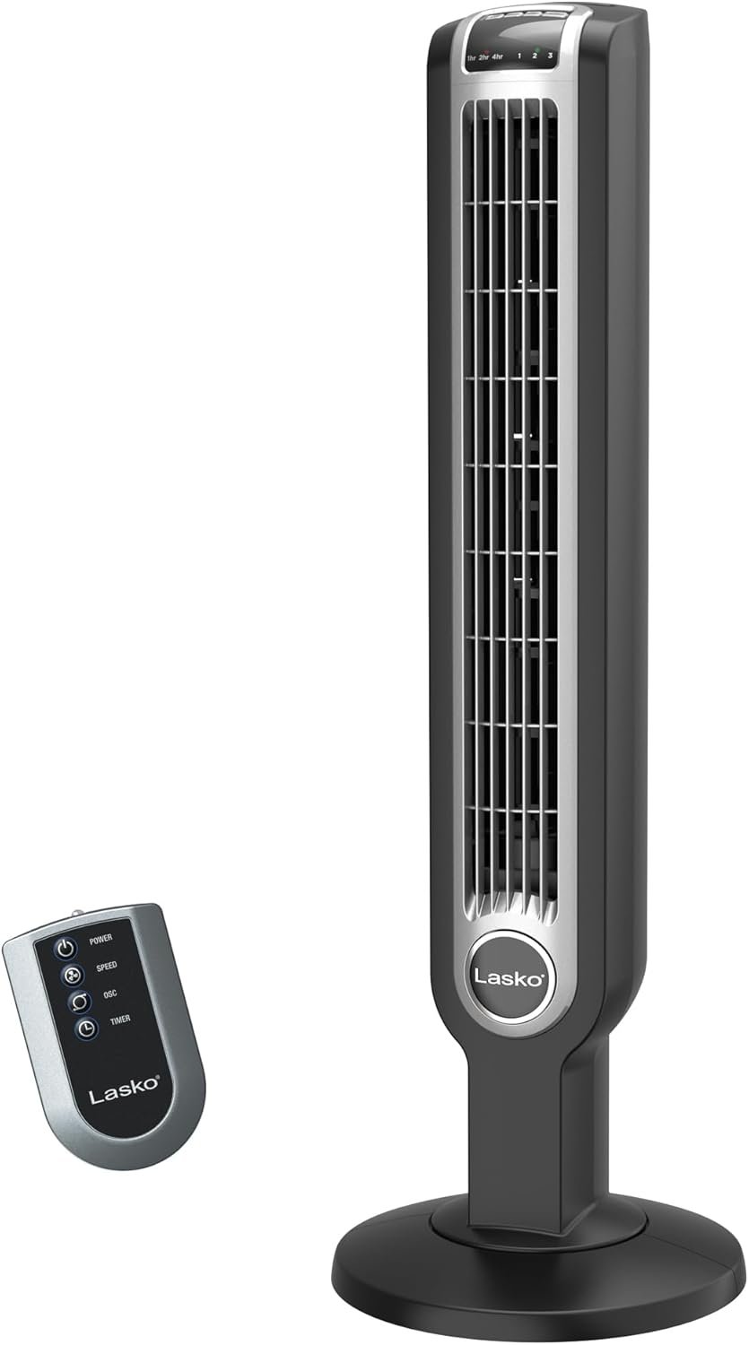 Lasko Oscillating Tower Fan with Remote Control and Timer – Quiet Standing Fan for Bedroom, Office, and Home – 3 Speeds – Powerful Cooling Air – 2511 – 36″ Tall – Black