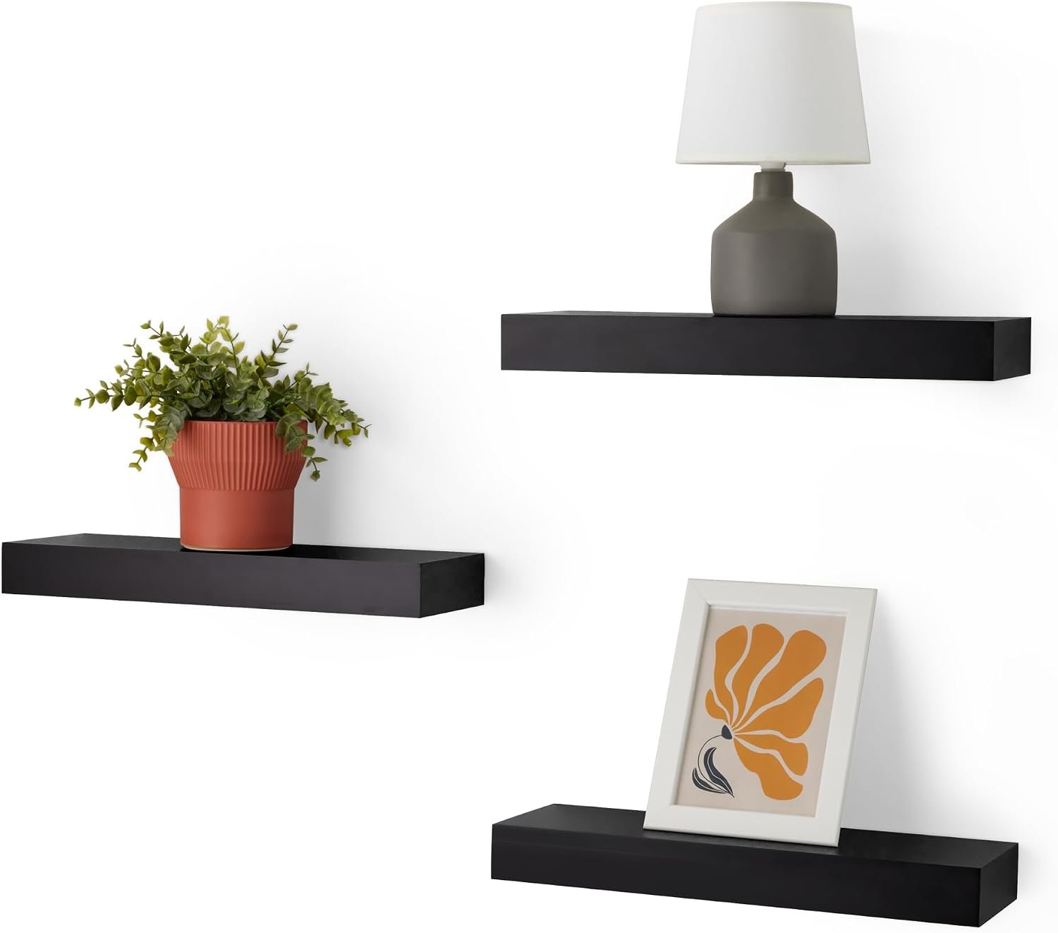 Amazon Basics Wood Floating Wall Shelves, 3-Pack, Black, 15.8″ x 5″ x 1.8″