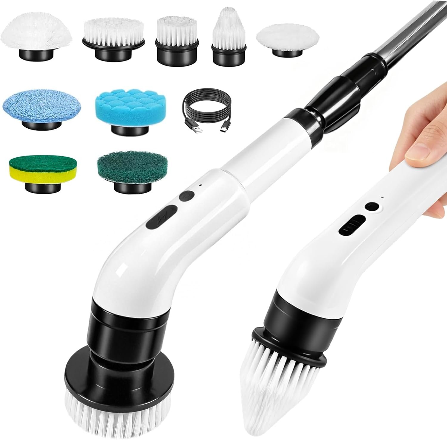 Electric Spin Scrubber, Cordless Shower Scrubber with 9 Scrub Brushes, 2 Speed & Battery Level Display, Adjustable Extension Handle Power Scrubber for Bathroom Tile Tub Floor