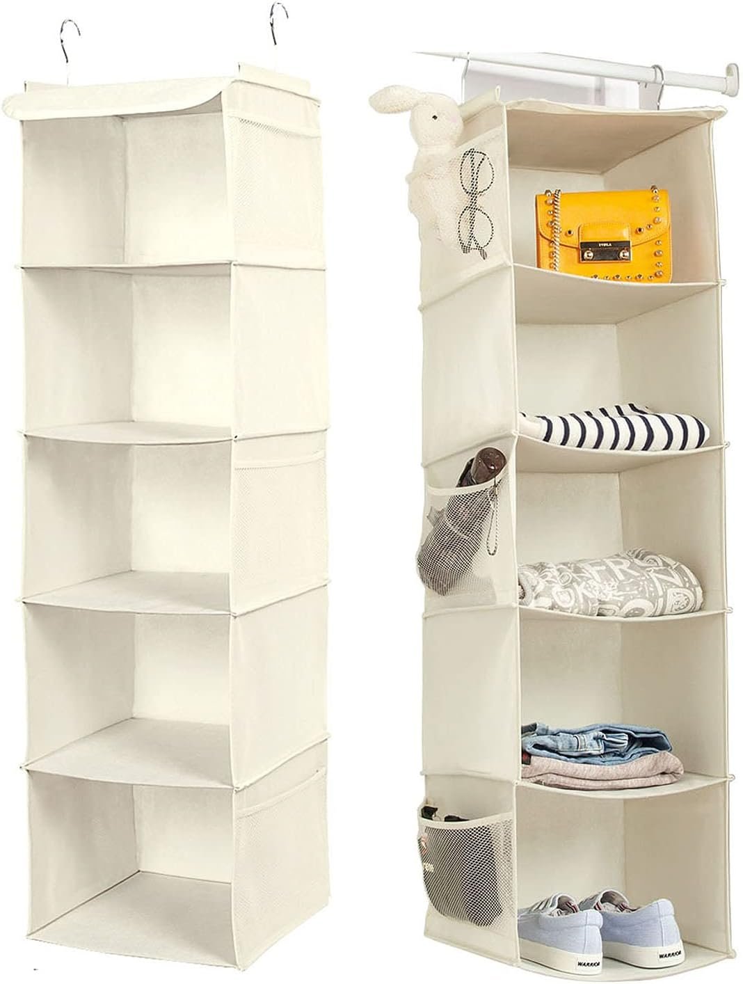 BrilliantJo 5 Shelves Hanging Closet Organizer, 2 Pack Hanging Storage with 6 Side Pockets for Clothes Shoes, 43″x12″x12″(Beige)
