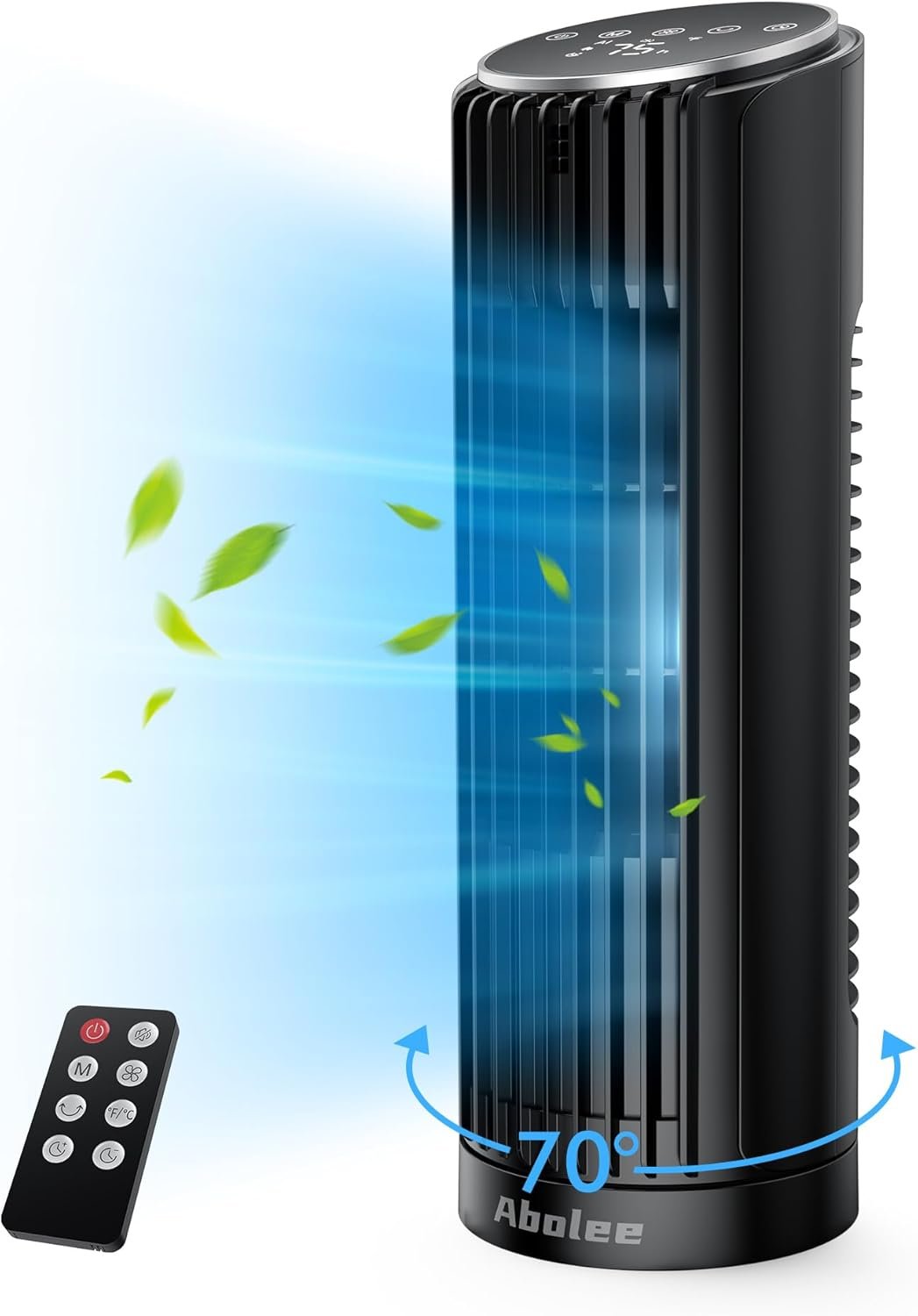 Abolee Tower Fan, 23ft/s Desk Fan with Remote, 70° Oscillating, Standing Table Fan with 4 Speeds, 4 Modes, 12Timer, 2026 New 13” Bladeless Fan for Bedroom Office, Home