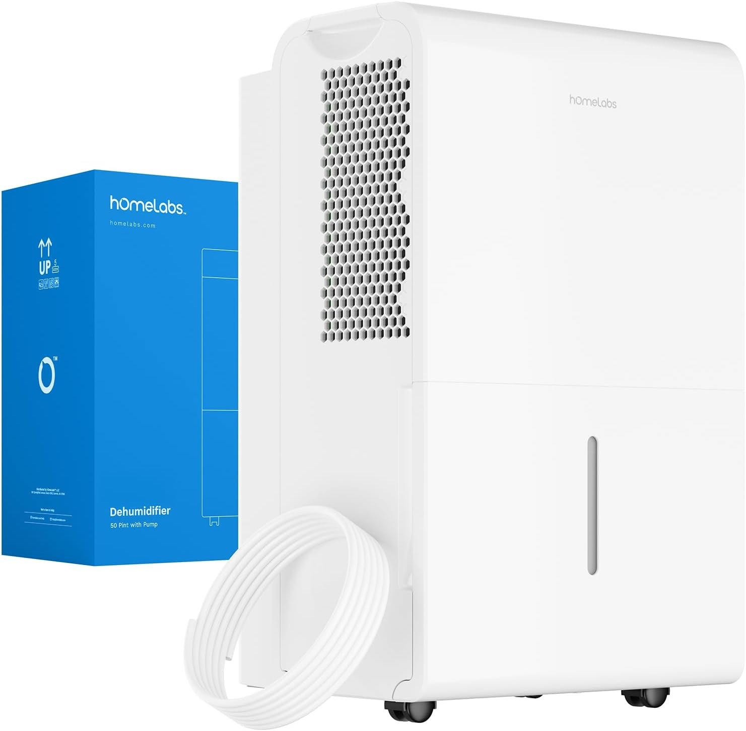 hOmeLabs Dehumidifier 7,500 Sq Ft Wi-Fi with Pump (50 Pint MAX 120 Pint at 95°F, 90% RH) for Home, Office, Basements with Powerful Moisture Removal, Humidity Control, Auto Shut-off, Quiet Operation