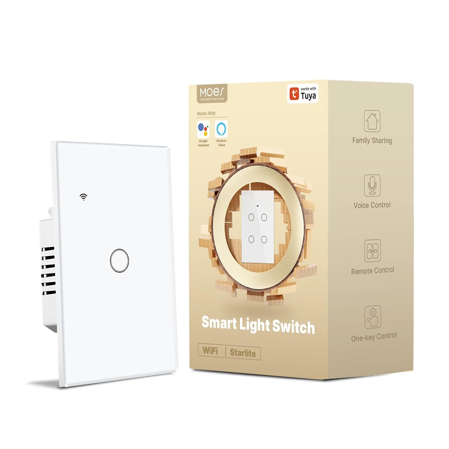 MOES 2nd Generation Smart Touch Wall Switch, 2.4GHz Wi-Fi Single Fire Single Pole Switch, No Neutral Wire Required, Remote MOES APP Control, Compatible with Alexa and Google Home 110V White 1 Gang