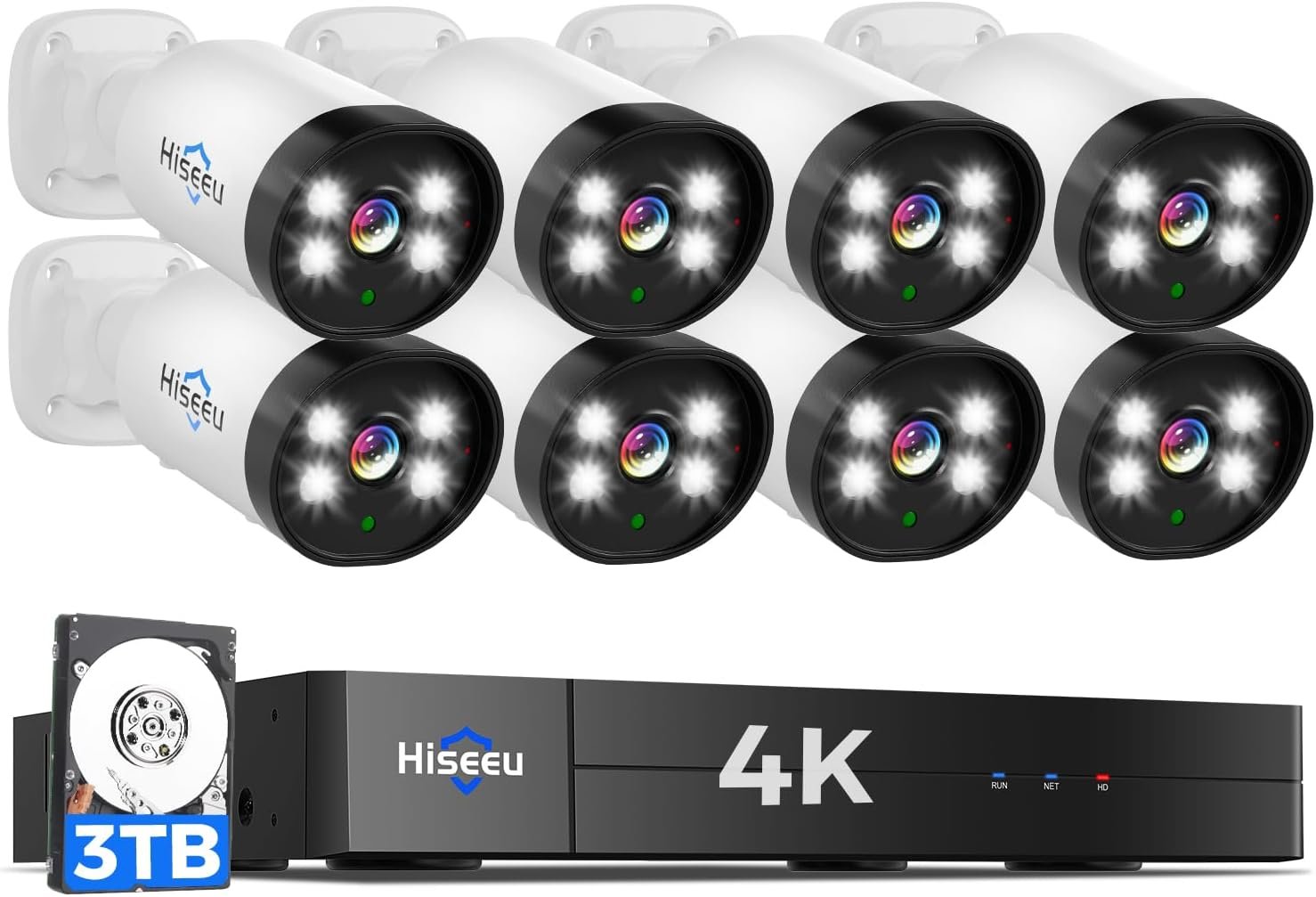 Hiseeu 4K Wired Security Camera System with Smart Color Night Vision | Audio,3TB Hard Drive,AI Human/Vehicle Detection,8PCS 8MP IP67 Weatherproof Home CCTV Cameras,Surveillance DVR Kit