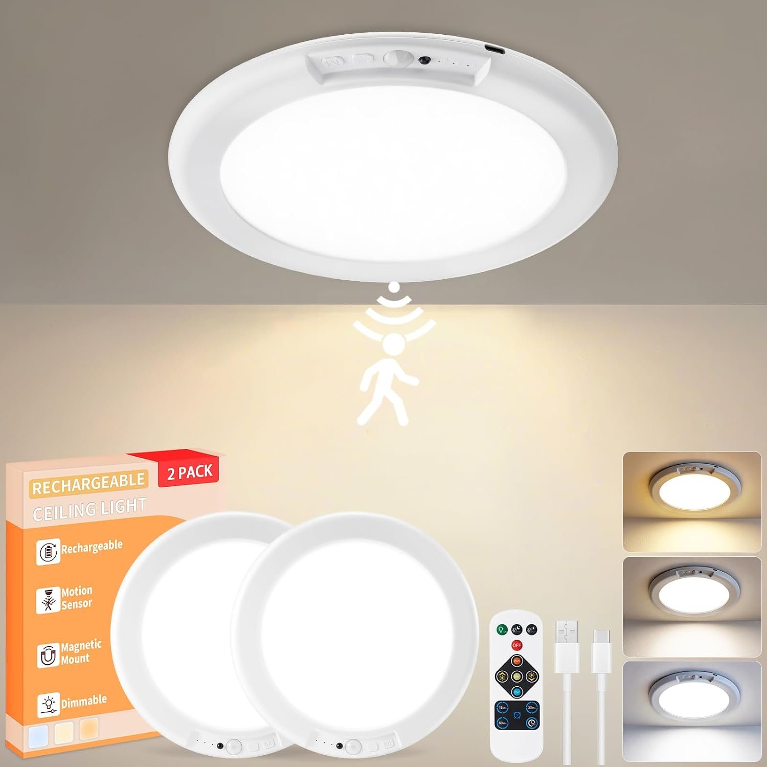 KYEKIO 2Pack Rechargeable LED Ceiling Light/Shower Light with Remote | Motion Sensor, Wireless Magnetic Easy-Install, 3 Color, Dimmable, Battery-Powered, for Closet, Pantry, Hallway, Porch, Patio